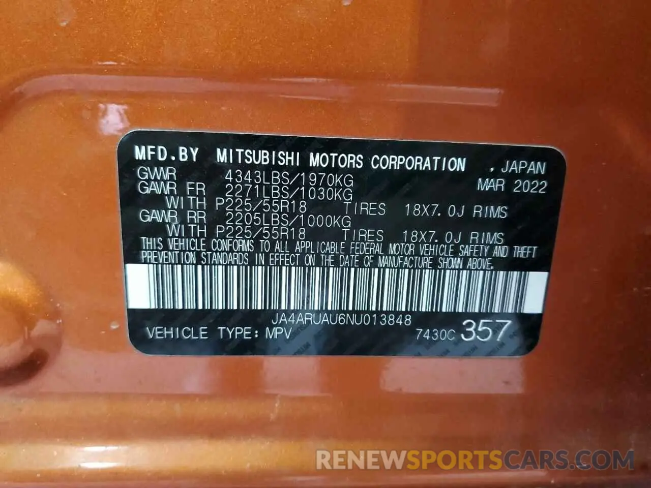 13 Photograph of a damaged car JA4ARUAU6NU013848 MITSUBISHI OUTLANDER 2022