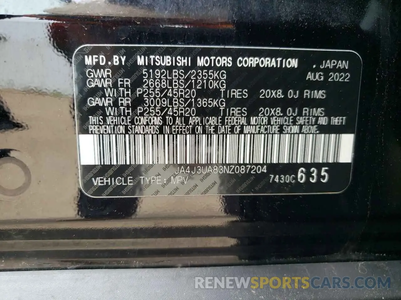 13 Photograph of a damaged car JA4J3UA83NZ087204 MITSUBISHI OUTLANDER 2022