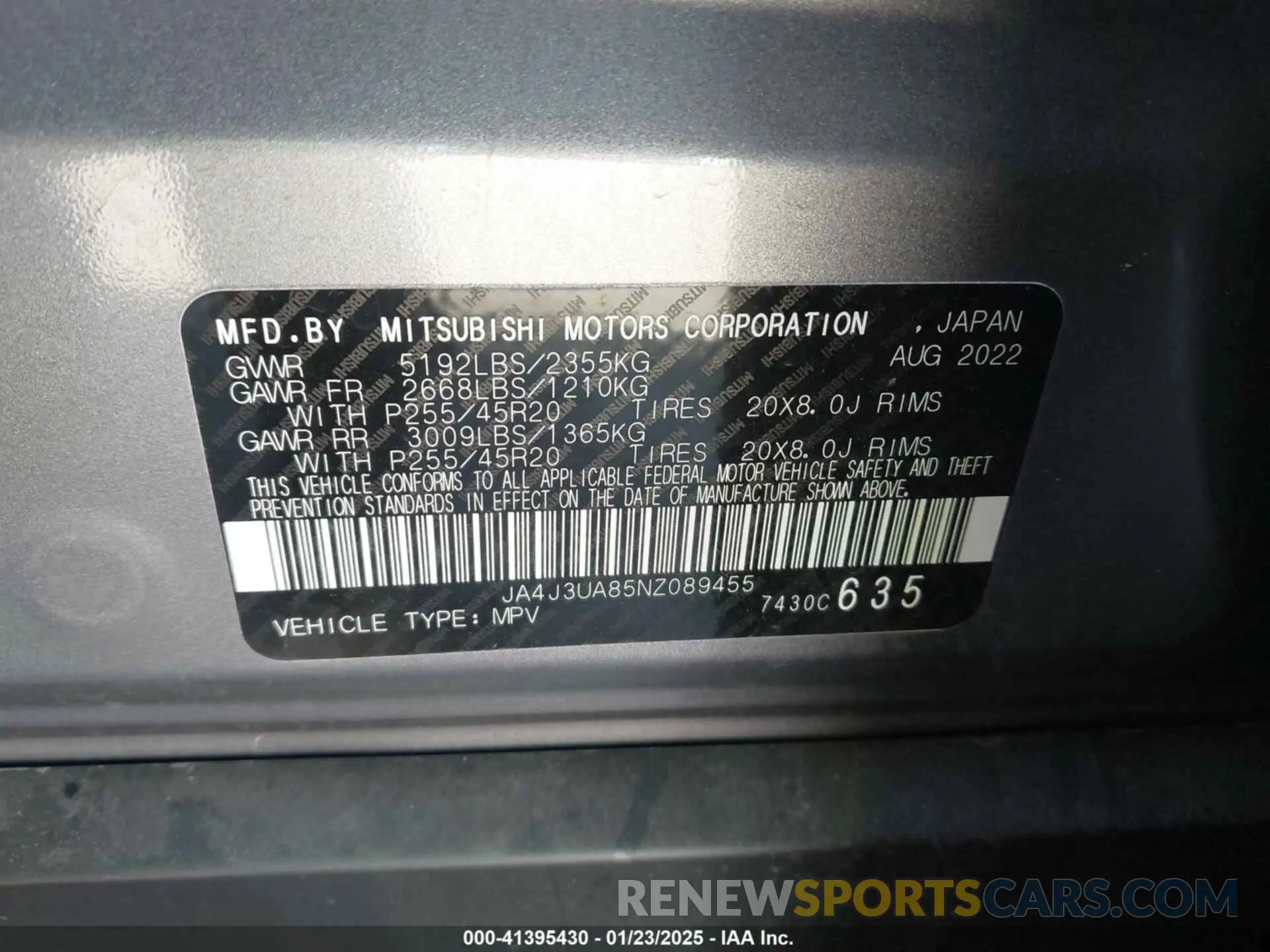 9 Фотография поврежденного автомобиля JA4J3UA85NZ089455 MITSUBISHI OUTLANDER 2022