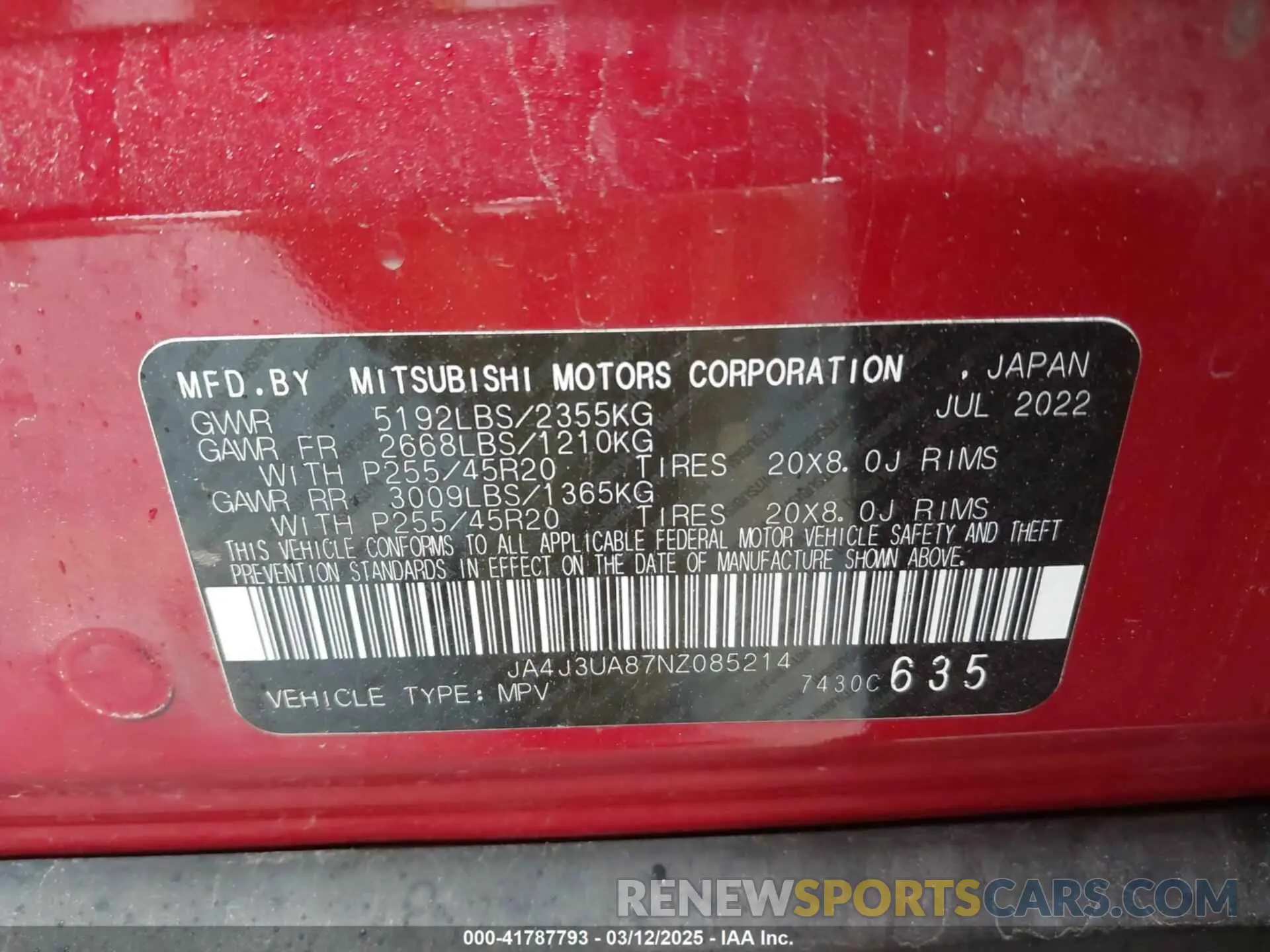 9 Photograph of a damaged car JA4J3UA87NZ085214 MITSUBISHI OUTLANDER 2022