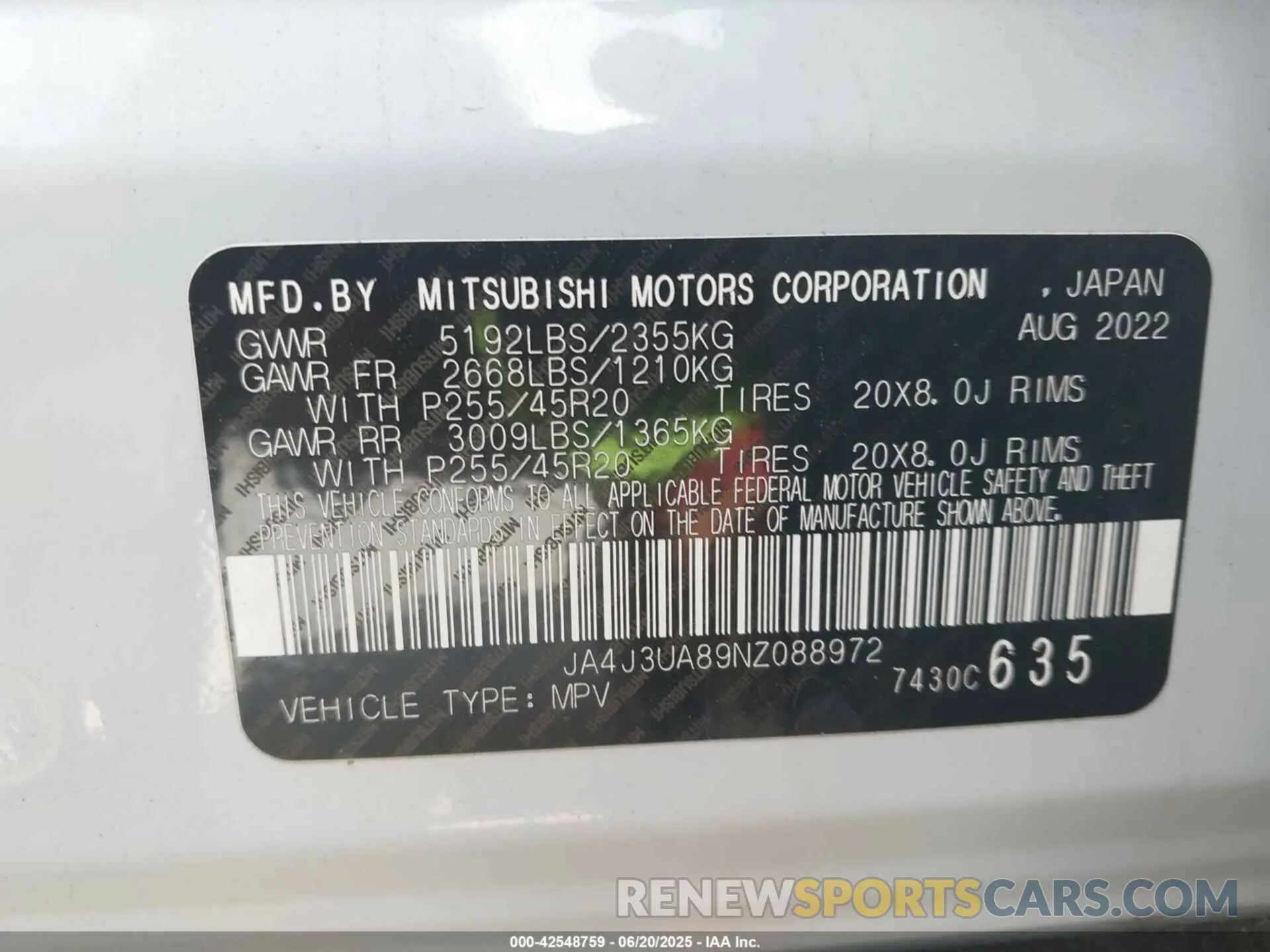 9 Photograph of a damaged car JA4J3UA89NZ088972 MITSUBISHI OUTLANDER 2022