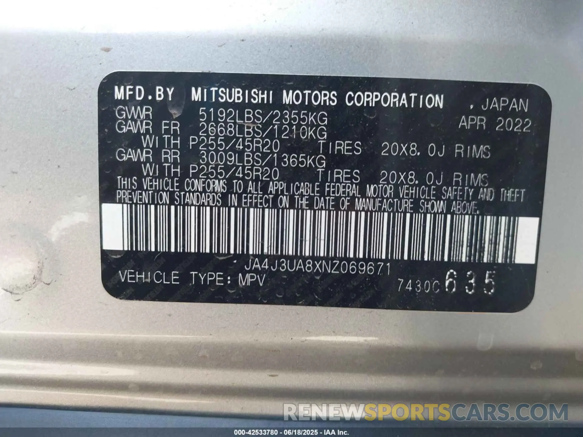 9 Photograph of a damaged car JA4J3UA8XNZ069671 MITSUBISHI OUTLANDER 2022