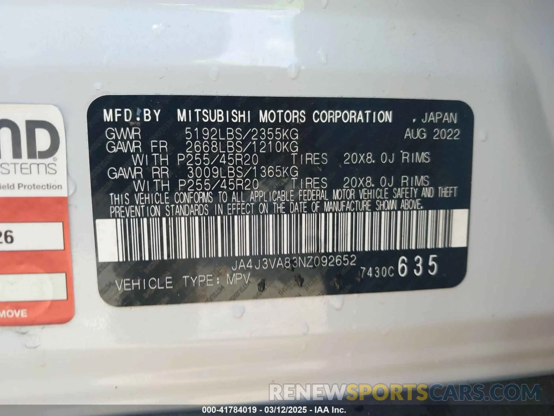 9 Фотография поврежденного автомобиля JA4J3VA83NZ092652 MITSUBISHI OUTLANDER 2022