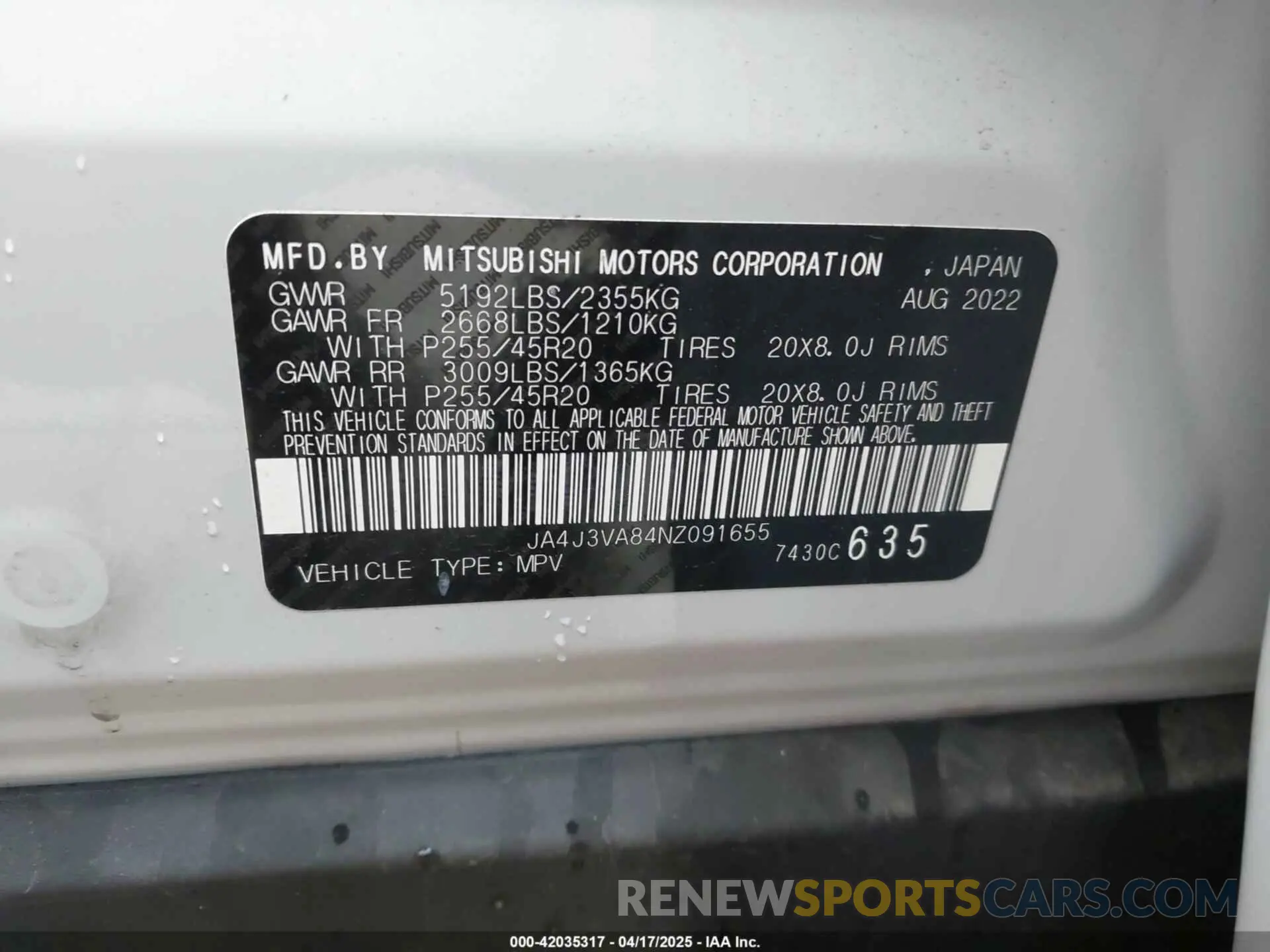 9 Фотография поврежденного автомобиля JA4J3VA84NZ091655 MITSUBISHI OUTLANDER 2022