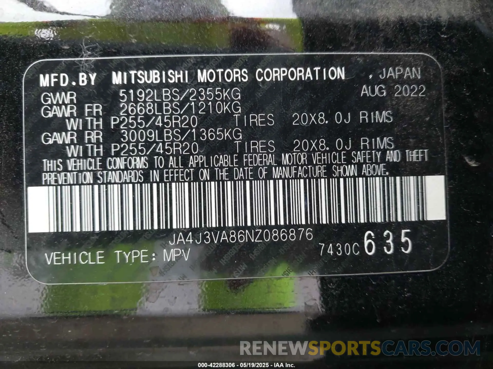 9 Фотография поврежденного автомобиля JA4J3VA86NZ086876 MITSUBISHI OUTLANDER 2022