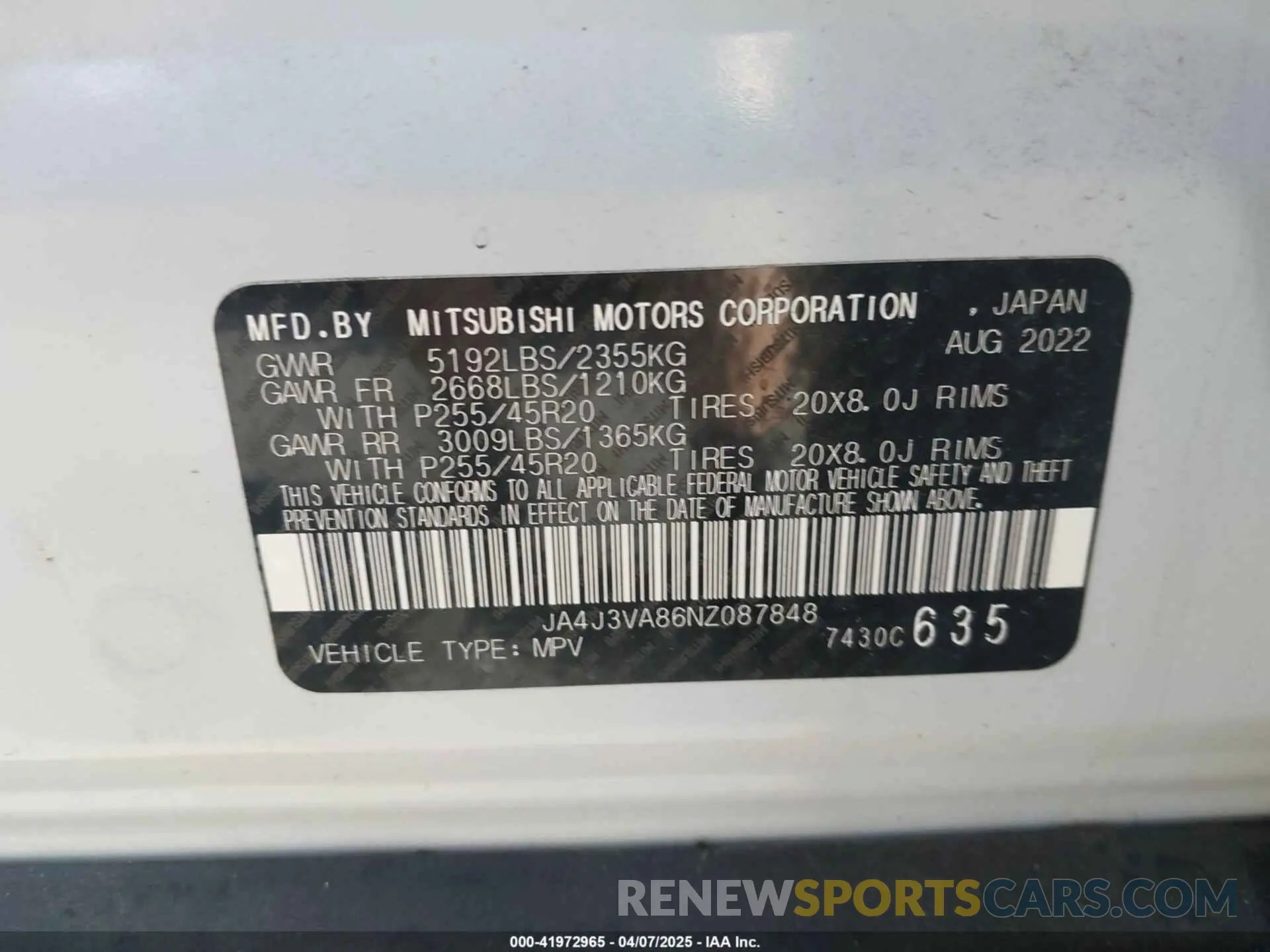 9 Photograph of a damaged car JA4J3VA86NZ087848 MITSUBISHI OUTLANDER 2022