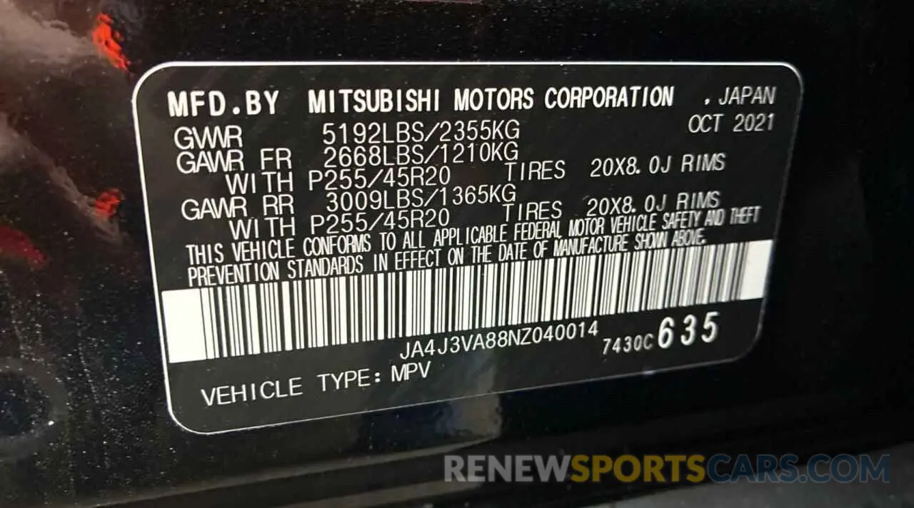 10 Photograph of a damaged car JA4J3VA88NZ040014 MITSUBISHI OUTLANDER 2022