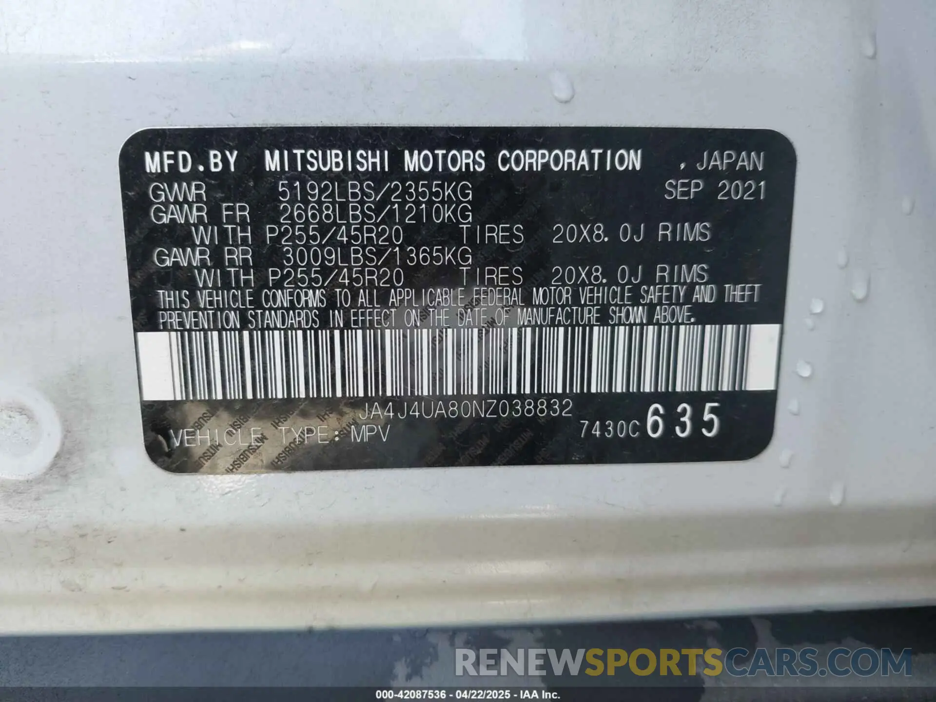 9 Фотография поврежденного автомобиля JA4J4UA80NZ038832 MITSUBISHI OUTLANDER 2022