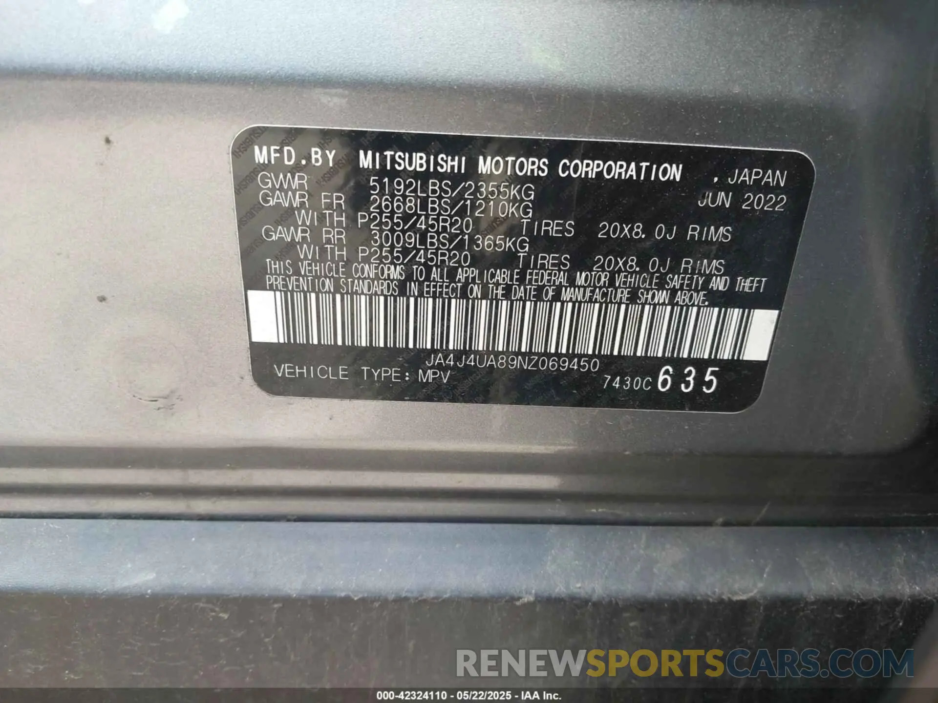 9 Фотография поврежденного автомобиля JA4J4UA89NZ069450 MITSUBISHI OUTLANDER 2022