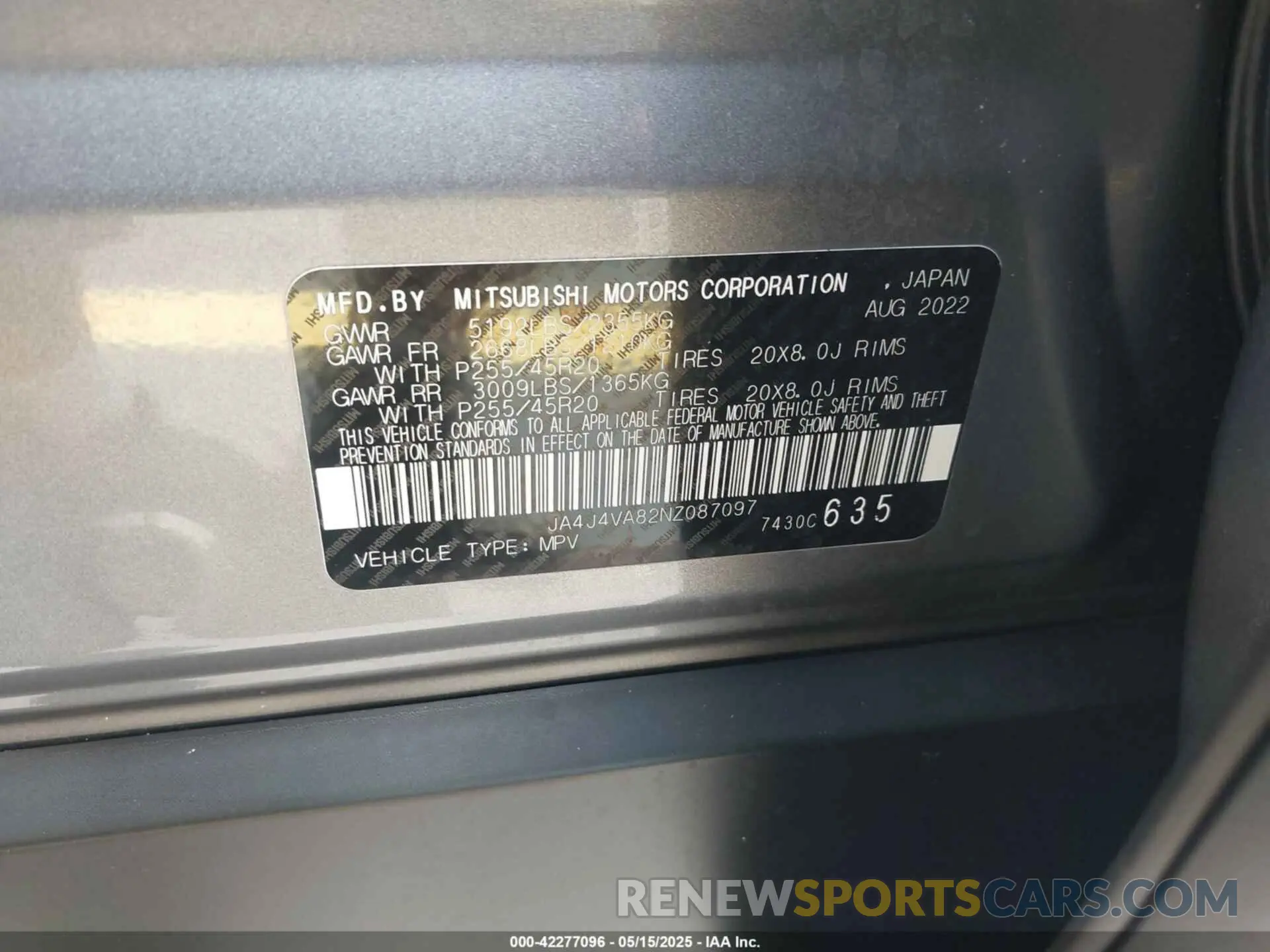 9 Photograph of a damaged car JA4J4VA82NZ087097 MITSUBISHI OUTLANDER 2022