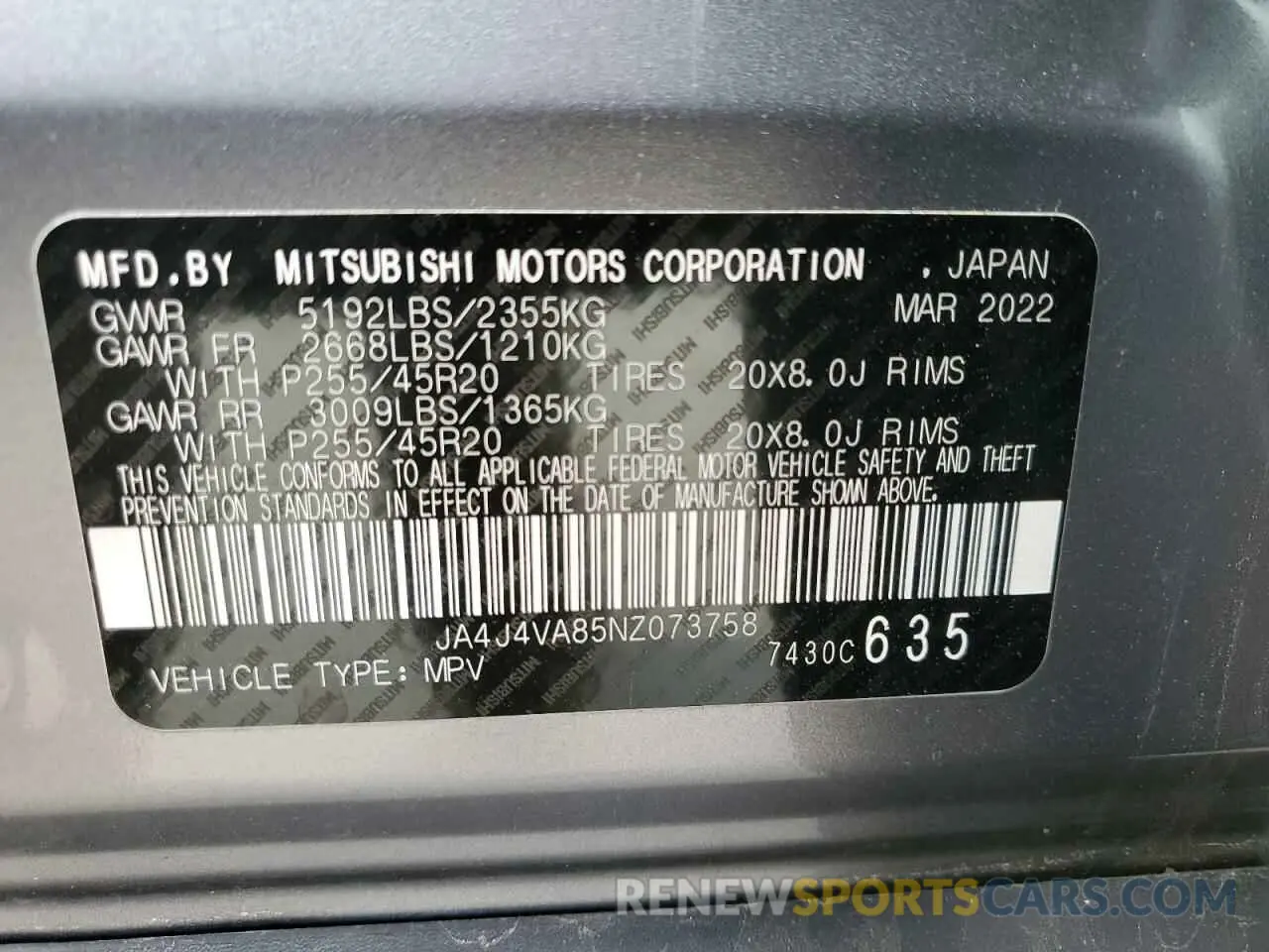13 Photograph of a damaged car JA4J4VA85NZ073758 MITSUBISHI OUTLANDER 2022