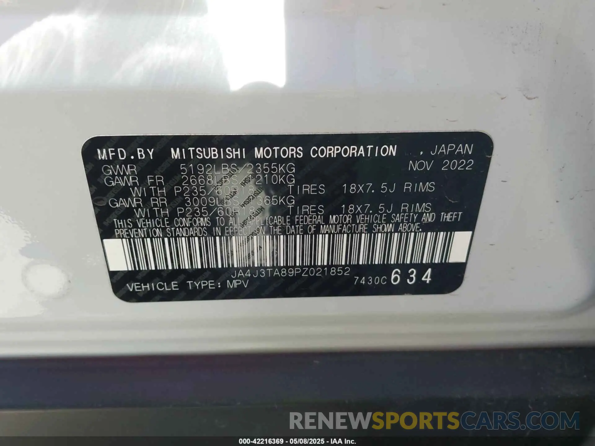 9 Photograph of a damaged car JA4J3TA89PZ021852 MITSUBISHI OUTLANDER 2023