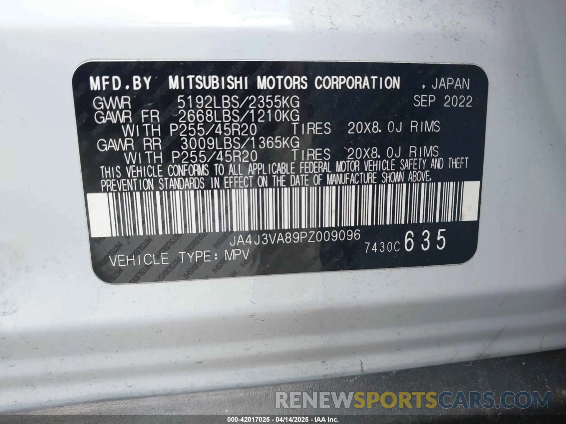 9 Фотография поврежденного автомобиля JA4J3VA89PZ009096 MITSUBISHI OUTLANDER 2023