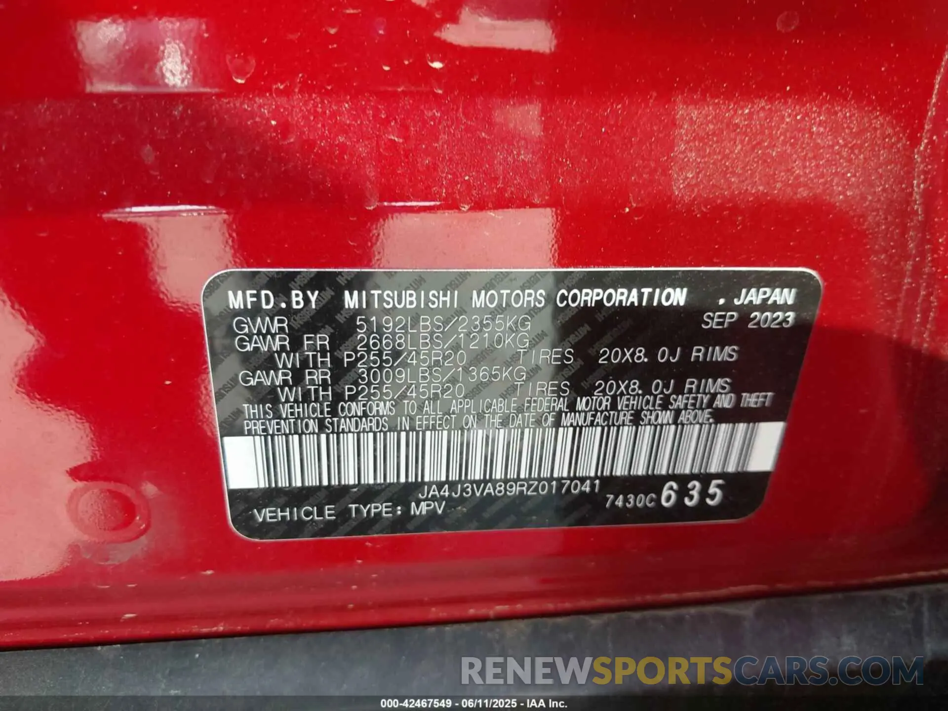 9 Photograph of a damaged car JA4J3VA89RZ017041 MITSUBISHI OUTLANDER 2024