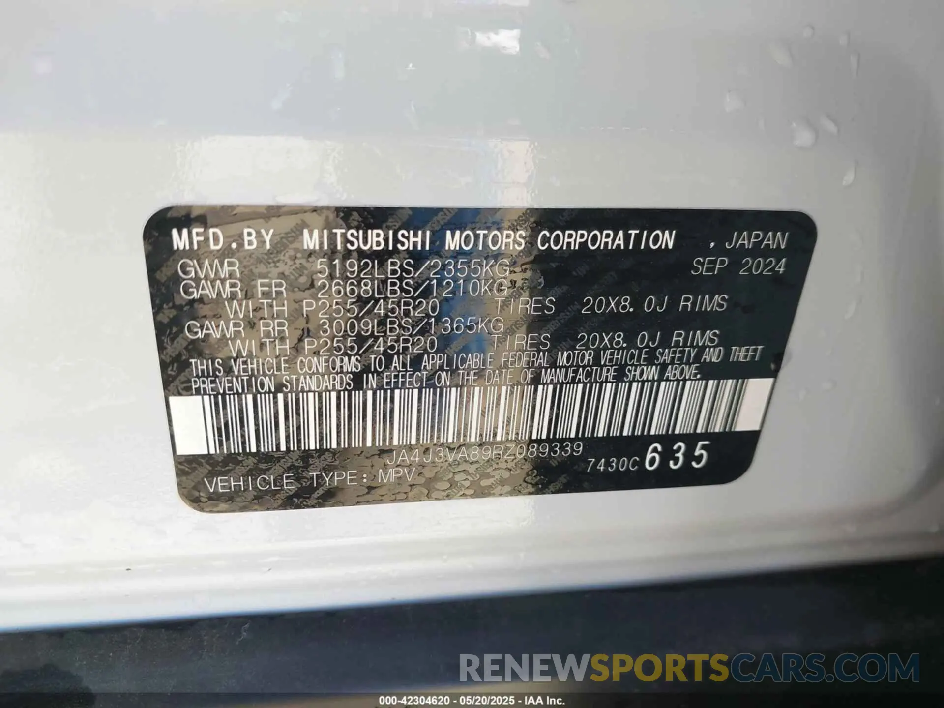 9 Photograph of a damaged car JA4J3VA89RZ089339 MITSUBISHI OUTLANDER 2024