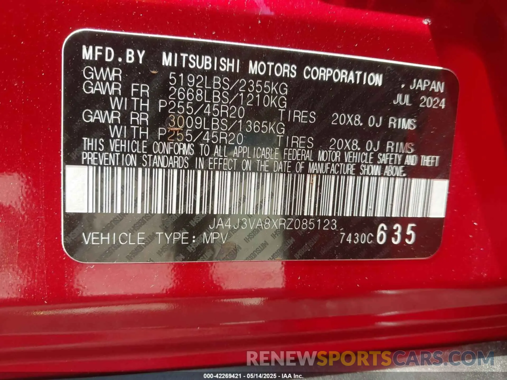 9 Photograph of a damaged car JA4J3VA8XRZ085123 MITSUBISHI OUTLANDER 2024