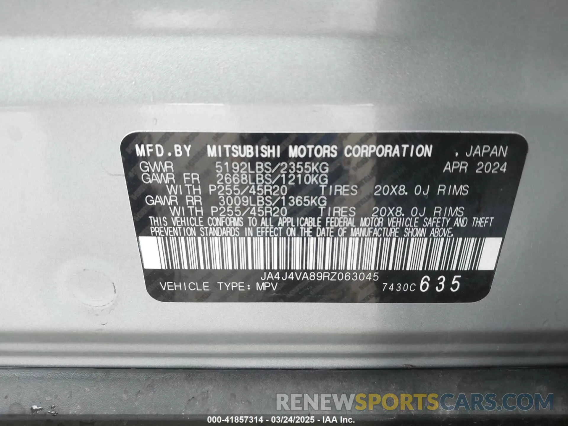9 Photograph of a damaged car JA4J4VA89RZ063045 MITSUBISHI OUTLANDER 2024