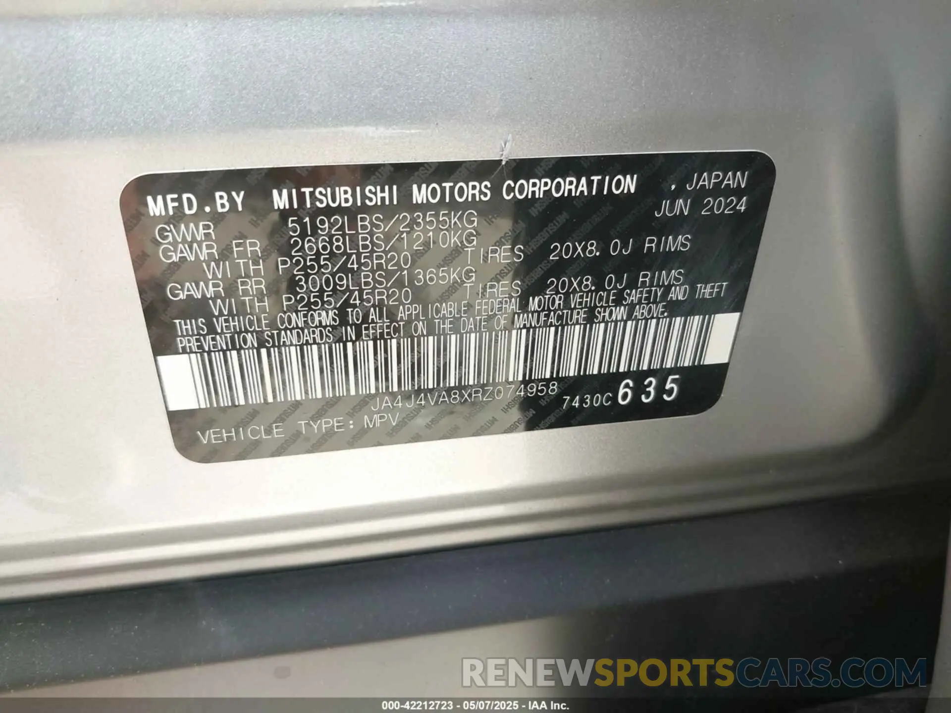9 Photograph of a damaged car JA4J4VA8XRZ074958 MITSUBISHI OUTLANDER 2024