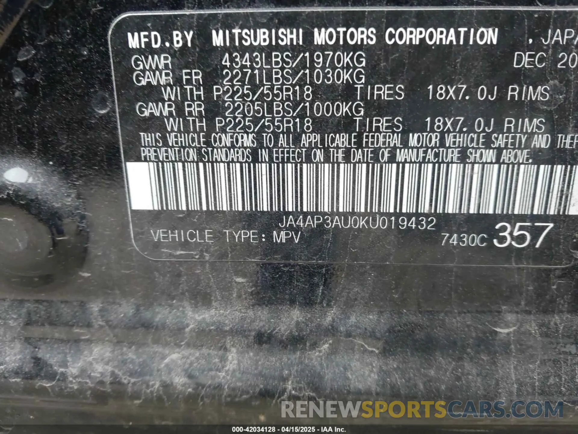 9 Photograph of a damaged car JA4AP3AU0KU019432 MITSUBISHI OUTLANDER SPORT 2019