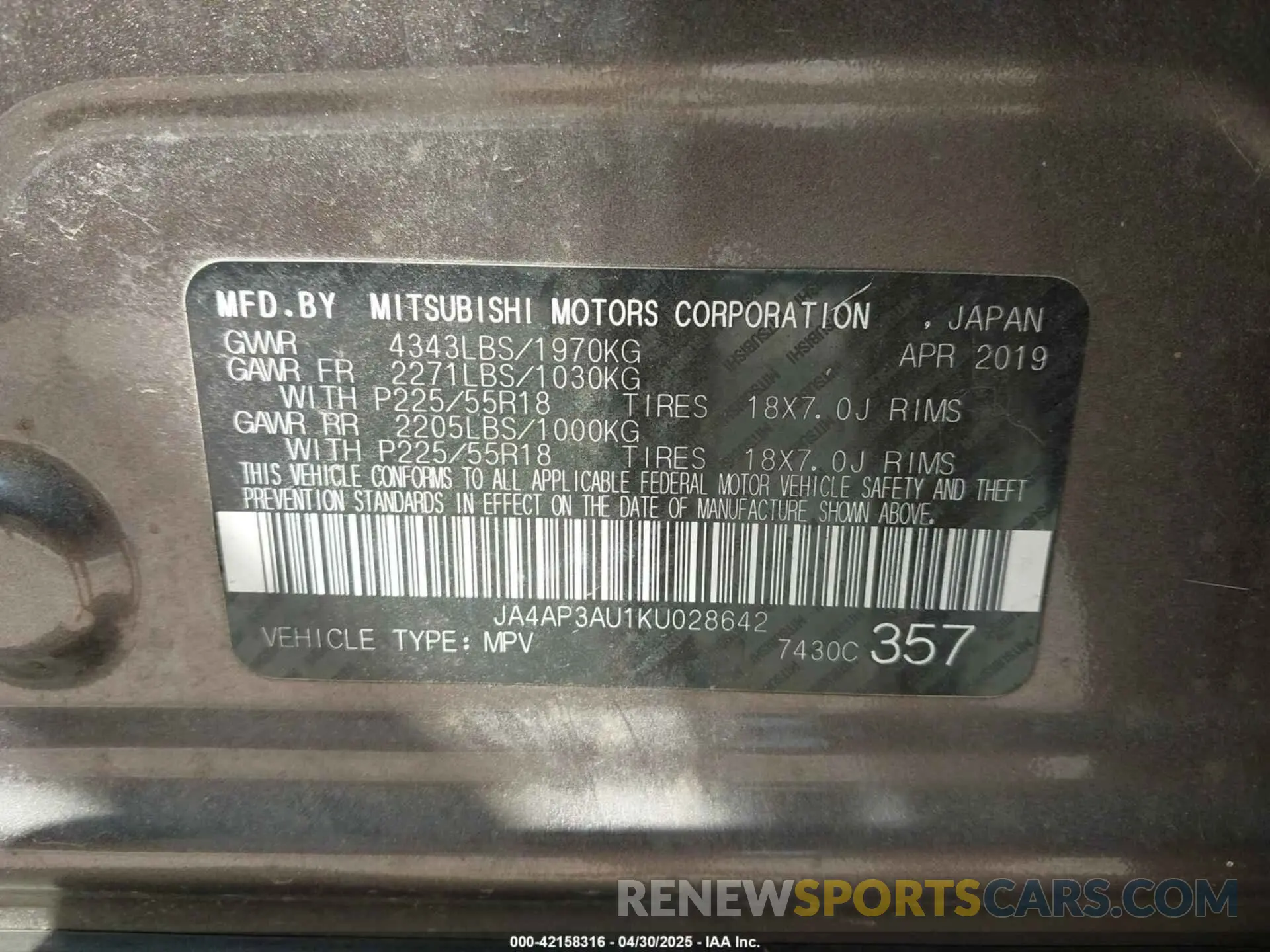 9 Photograph of a damaged car JA4AP3AU1KU028642 MITSUBISHI OUTLANDER SPORT 2019