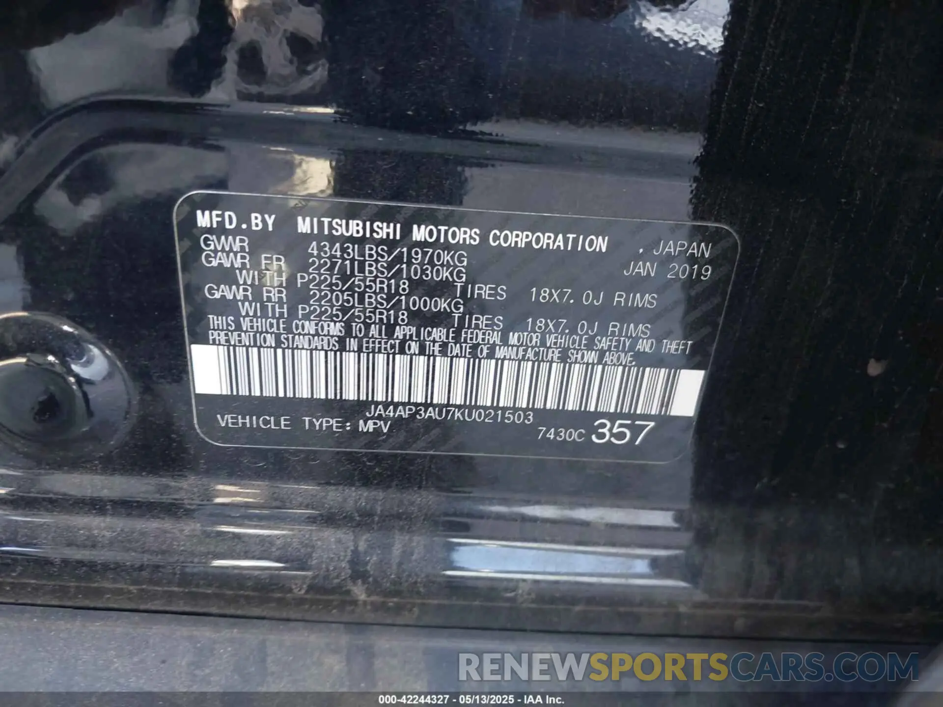 9 Photograph of a damaged car JA4AP3AU7KU021503 MITSUBISHI OUTLANDER SPORT 2019