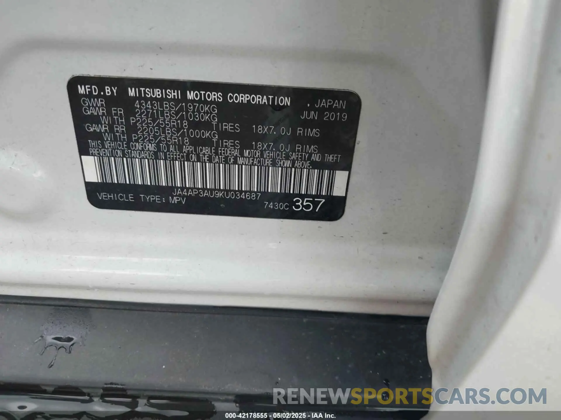 9 Photograph of a damaged car JA4AP3AU9KU034687 MITSUBISHI OUTLANDER SPORT 2019