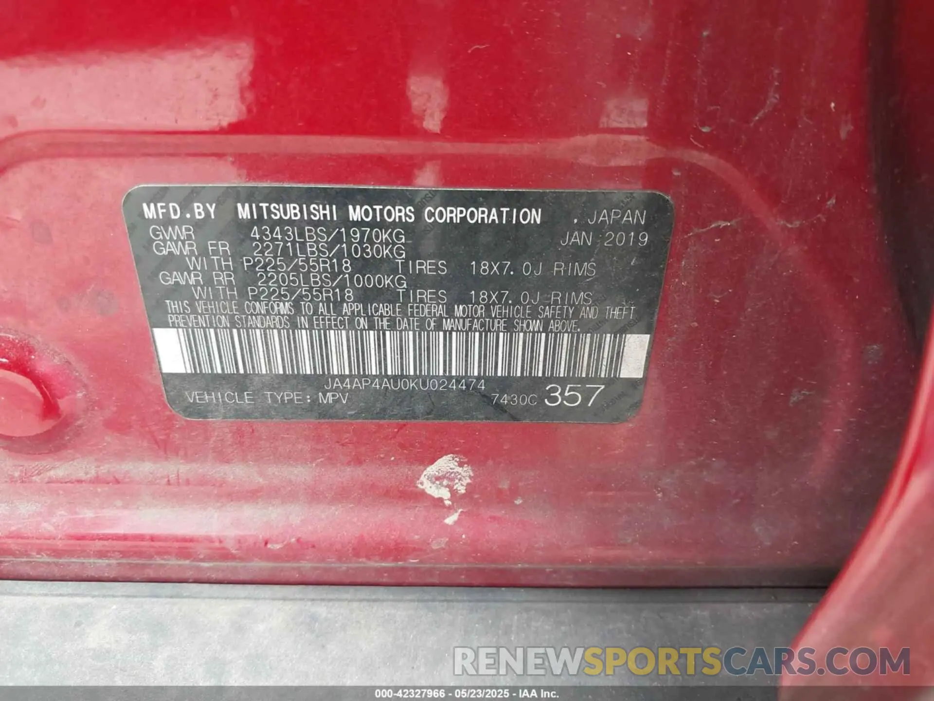 9 Photograph of a damaged car JA4AP4AU0KU024474 MITSUBISHI OUTLANDER SPORT 2019