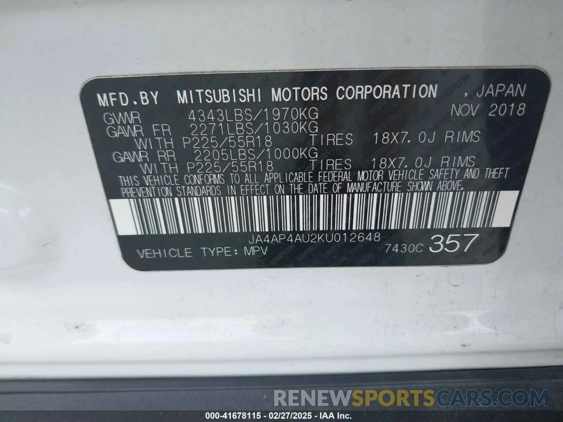 9 Photograph of a damaged car JA4AP4AU2KU012648 MITSUBISHI OUTLANDER SPORT 2019
