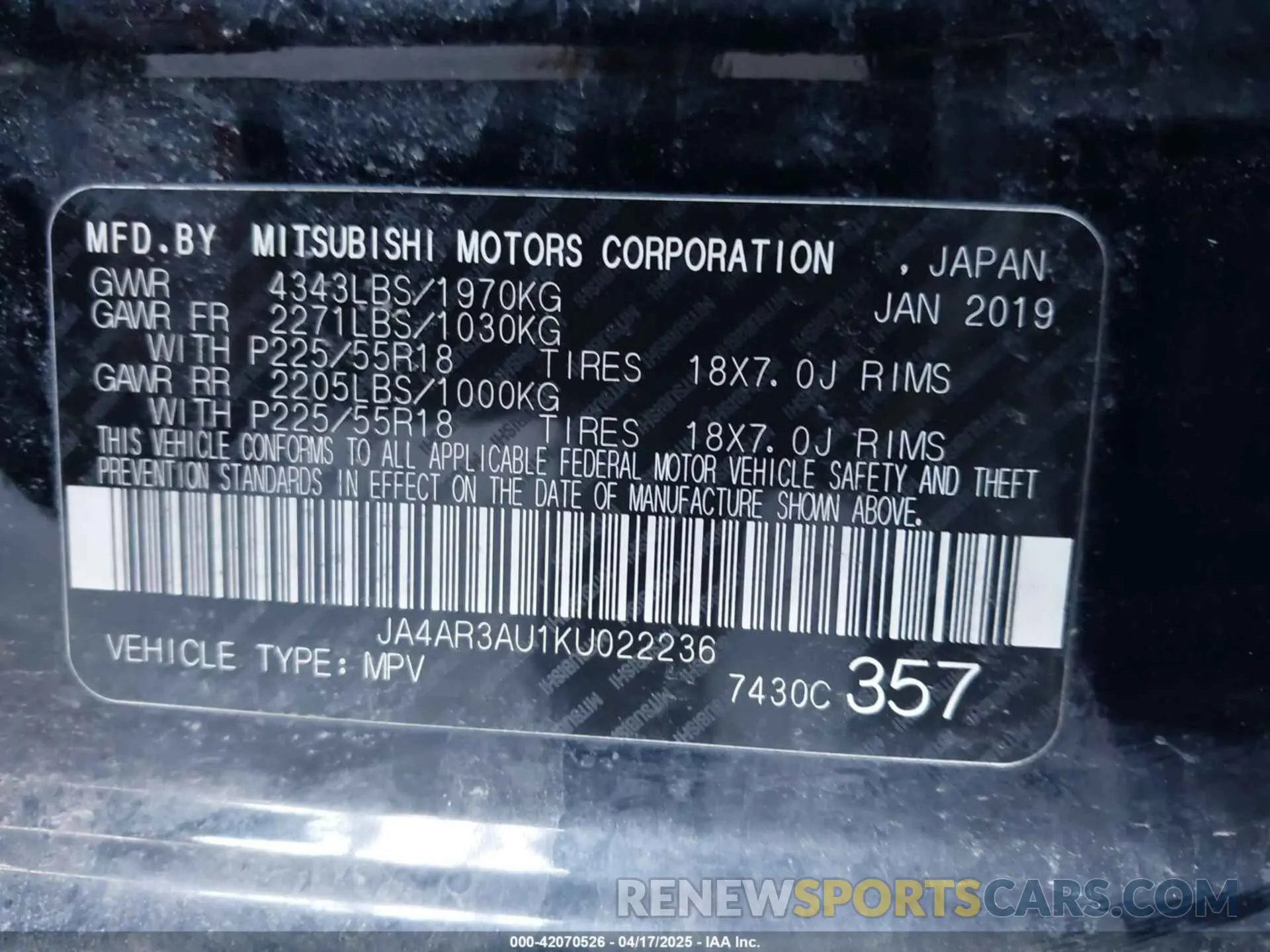 9 Photograph of a damaged car JA4AR3AU1KU022236 MITSUBISHI OUTLANDER SPORT 2019
