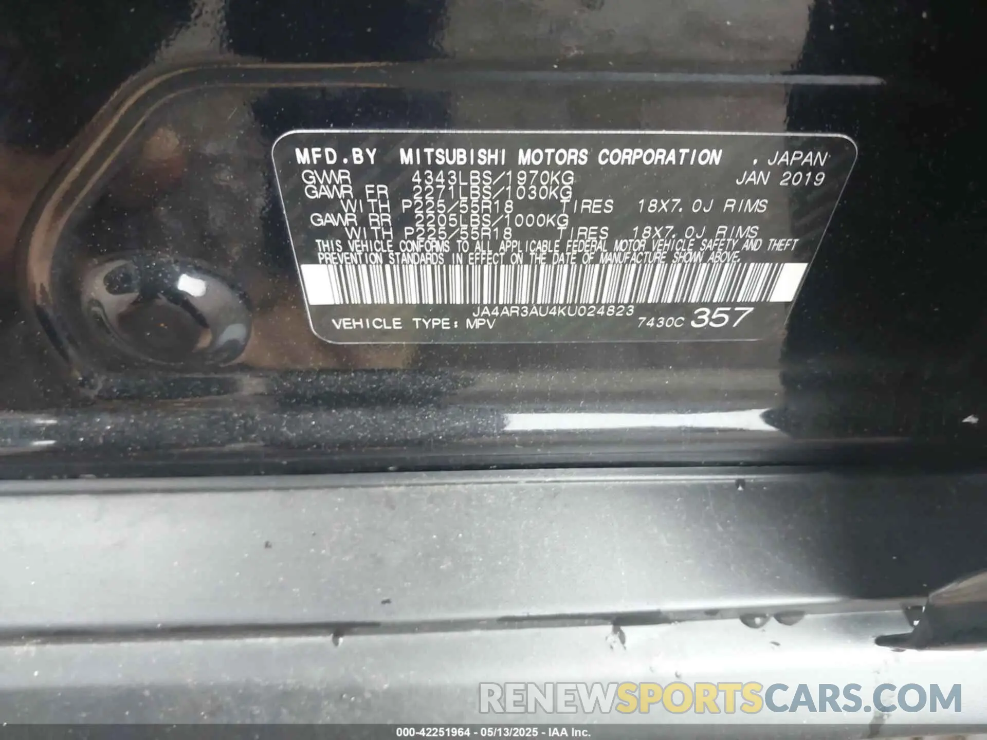 9 Фотография поврежденного автомобиля JA4AR3AU4KU024823 MITSUBISHI OUTLANDER SPORT 2019