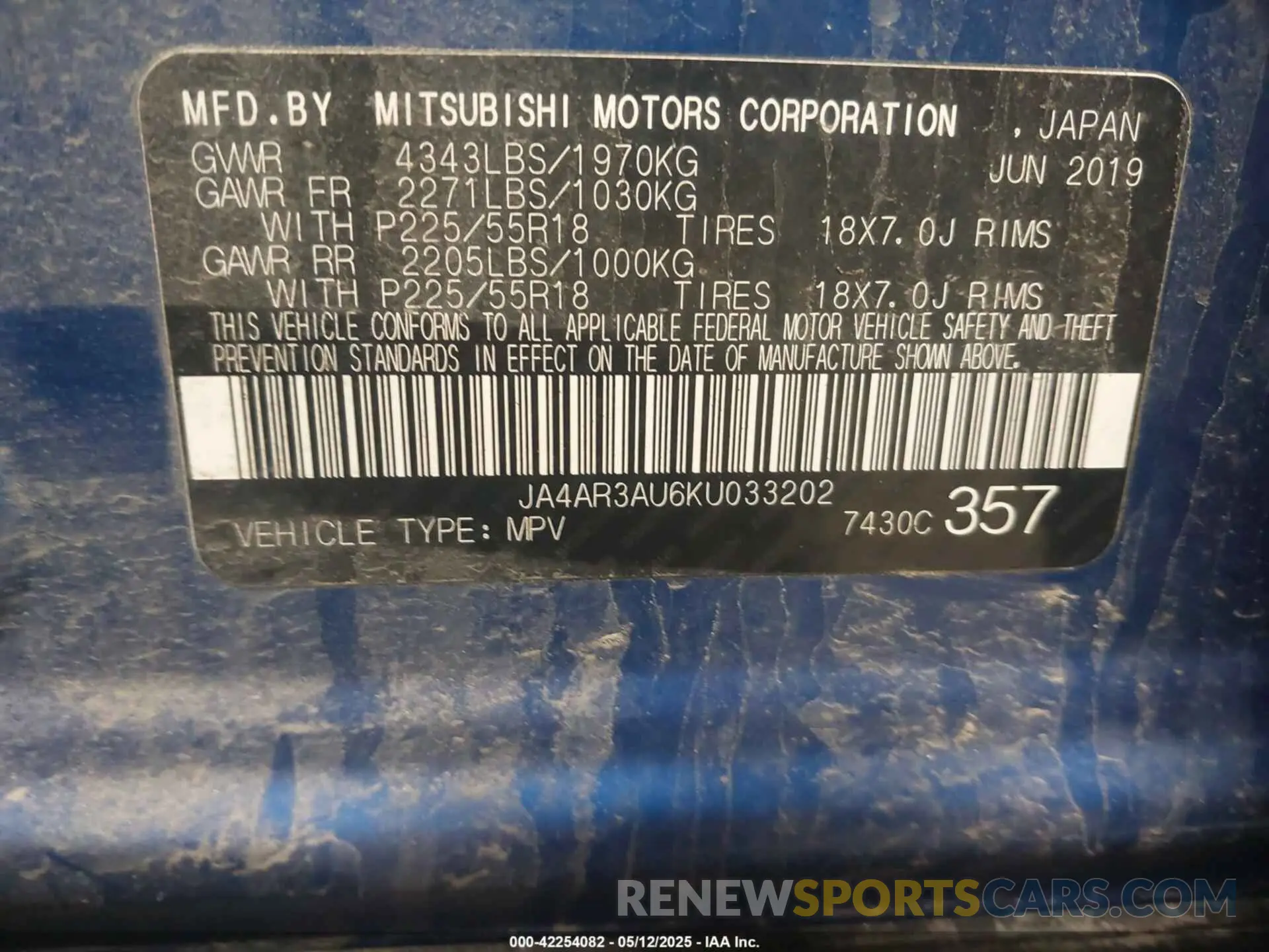 9 Photograph of a damaged car JA4AR3AU6KU033202 MITSUBISHI OUTLANDER SPORT 2019