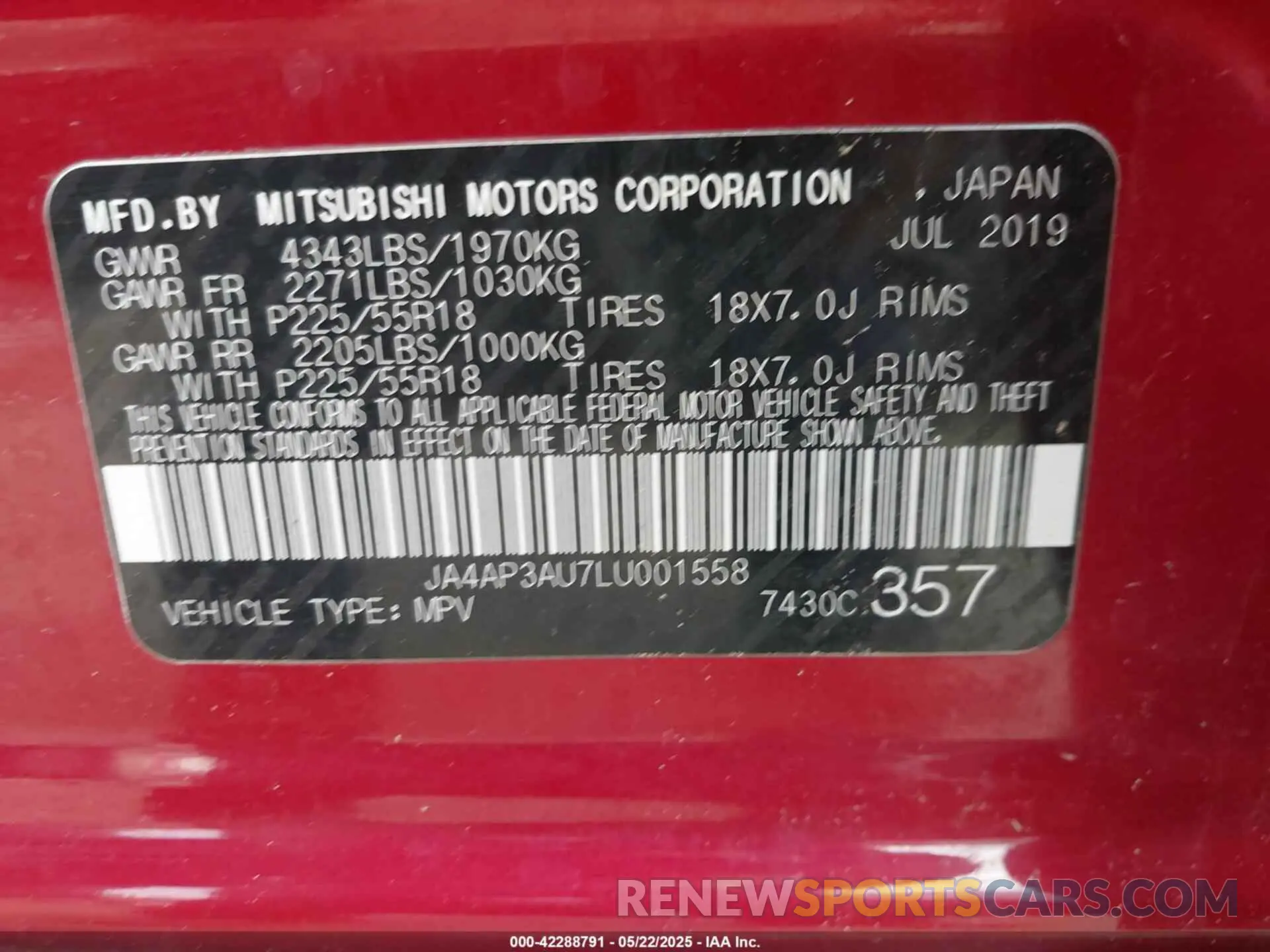 9 Photograph of a damaged car JA4AP3AU7LU001558 MITSUBISHI OUTLANDER SPORT 2020