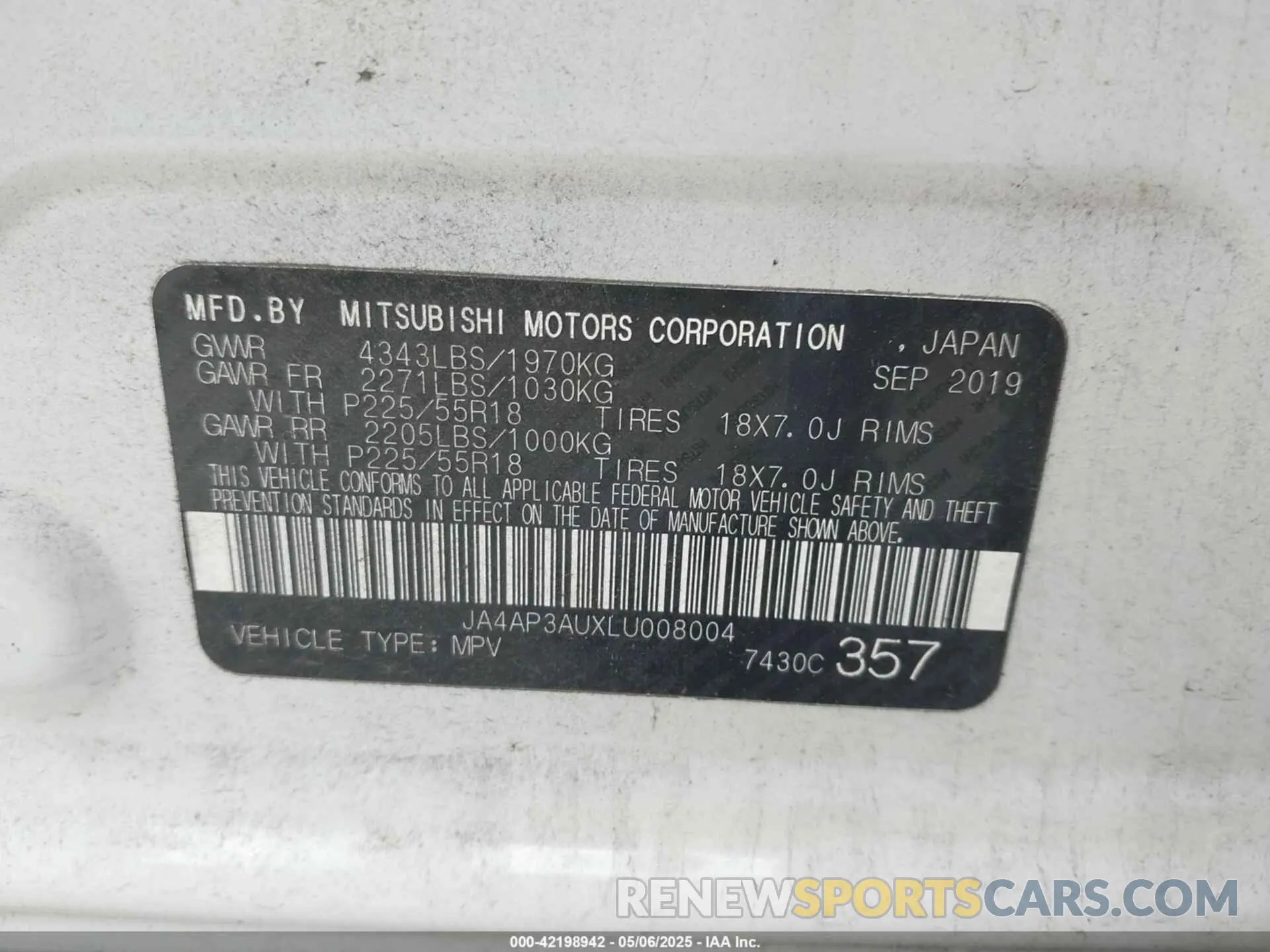 9 Фотография поврежденного автомобиля JA4AP3AUXLU008004 MITSUBISHI OUTLANDER SPORT 2020