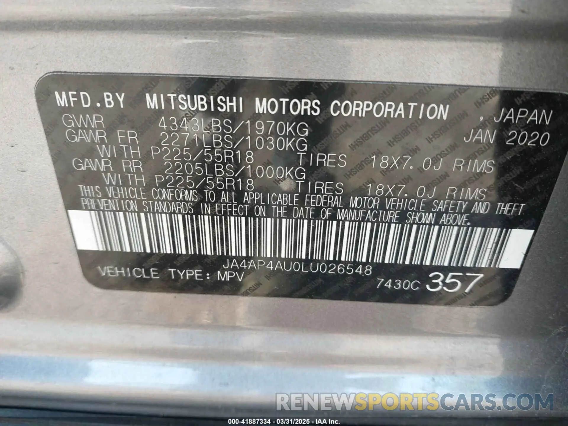 9 Photograph of a damaged car JA4AP4AU0LU026548 MITSUBISHI OUTLANDER SPORT 2020
