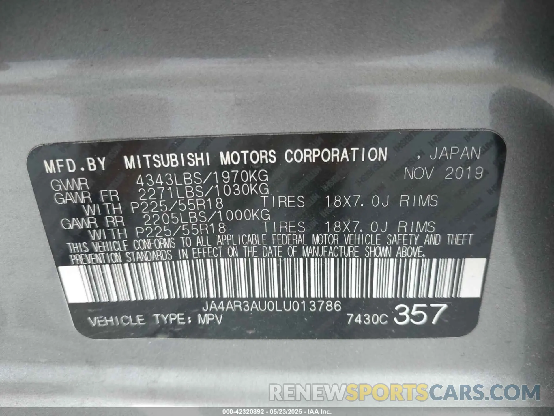 9 Photograph of a damaged car JA4AR3AU0LU013786 MITSUBISHI OUTLANDER SPORT 2020