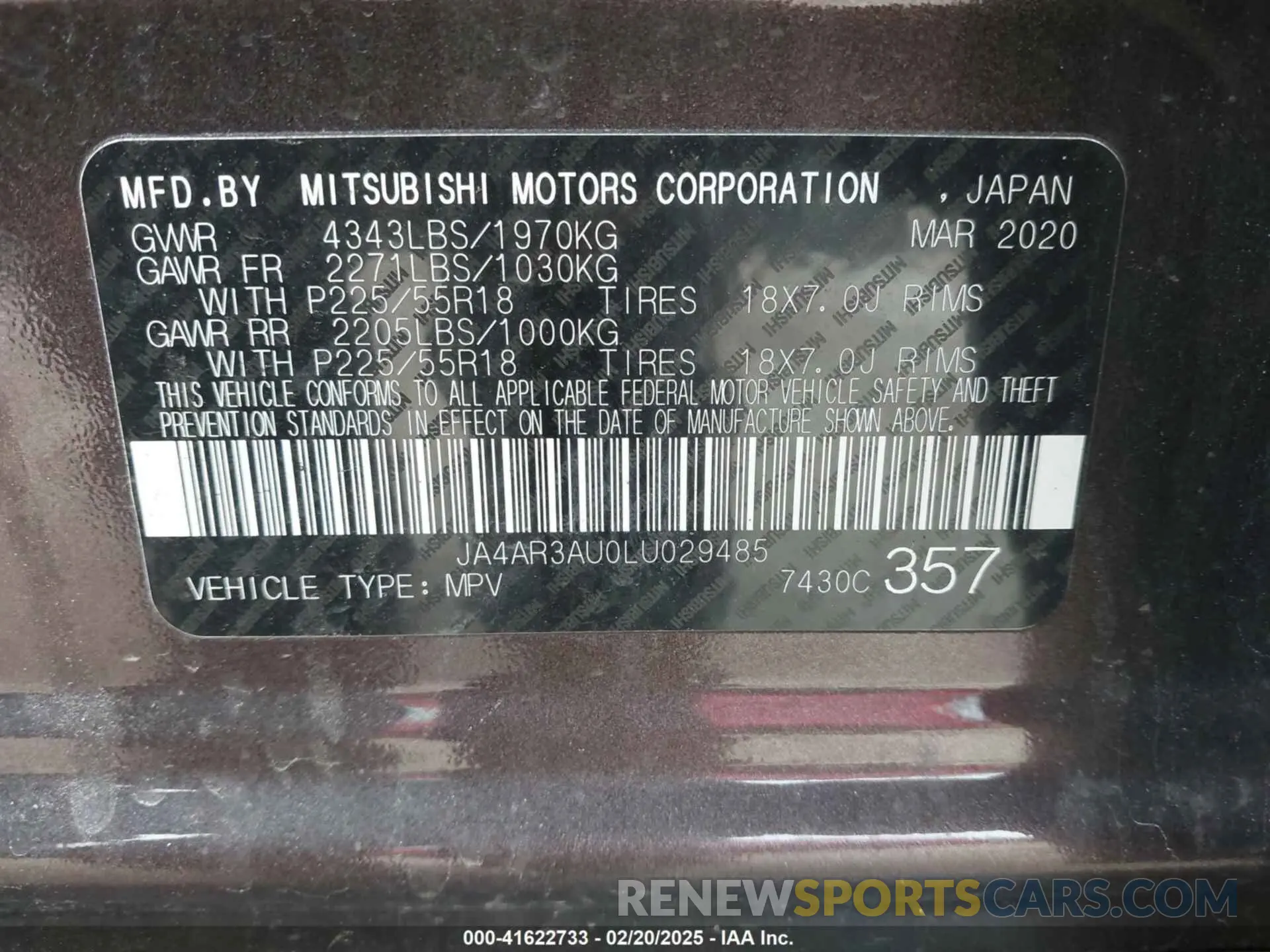 9 Photograph of a damaged car JA4AR3AU0LU029485 MITSUBISHI OUTLANDER SPORT 2020