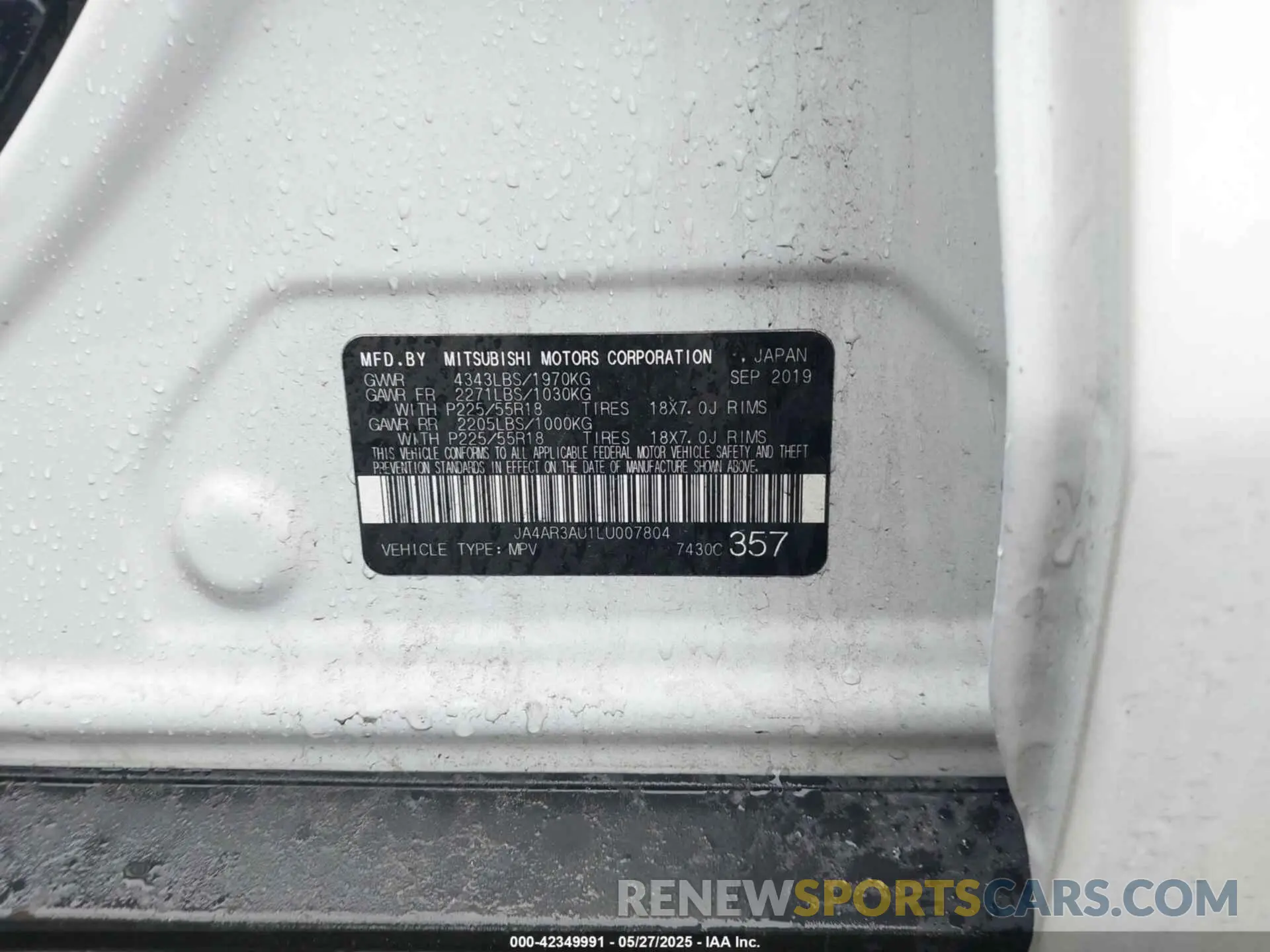 9 Фотография поврежденного автомобиля JA4AR3AU1LU007804 MITSUBISHI OUTLANDER SPORT 2020