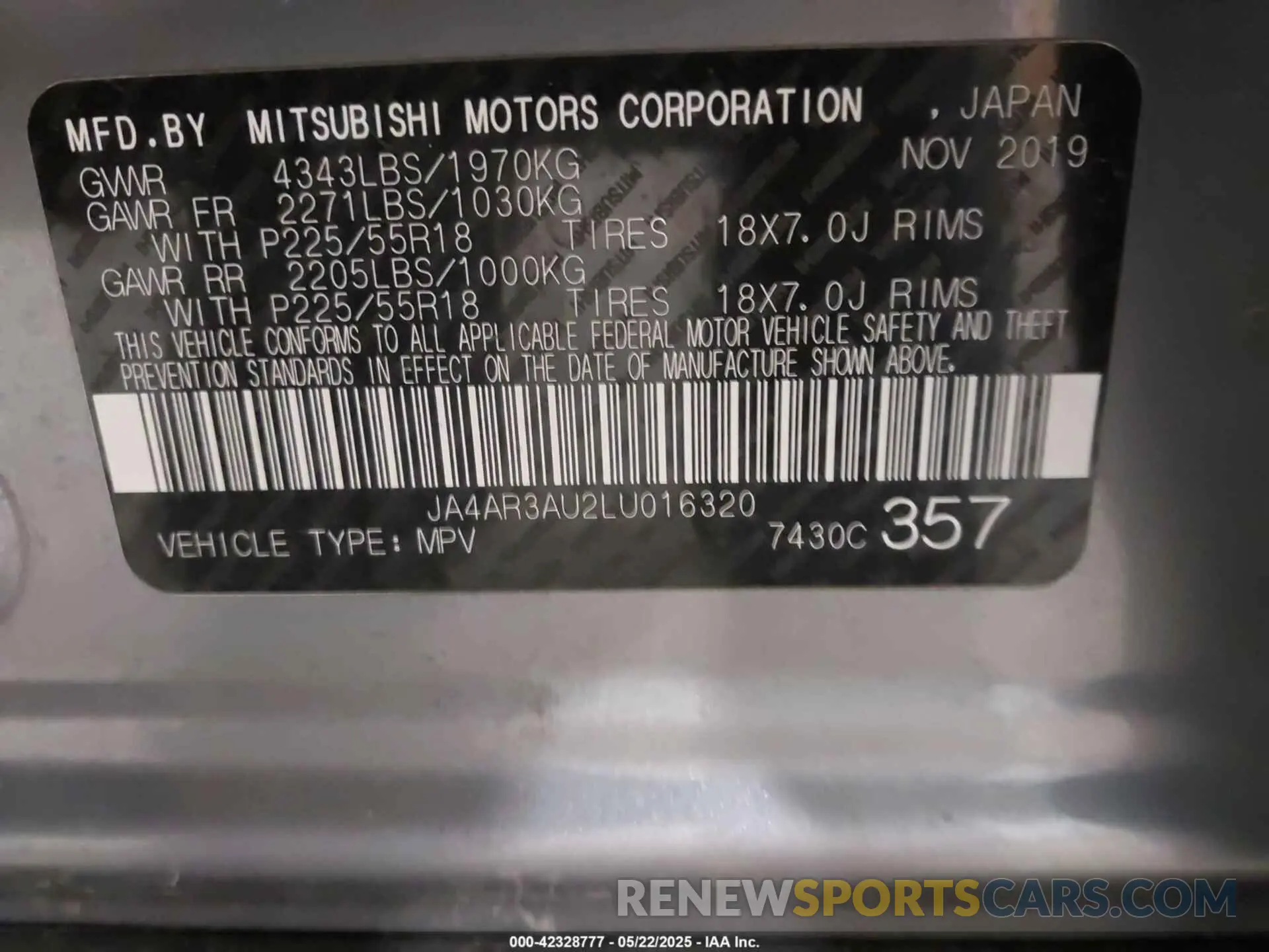 9 Photograph of a damaged car JA4AR3AU2LU016320 MITSUBISHI OUTLANDER SPORT 2020