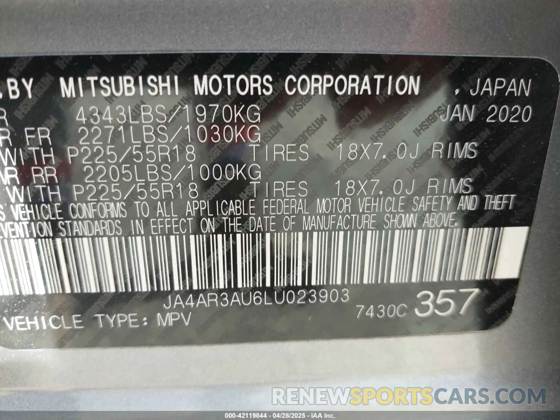 9 Photograph of a damaged car JA4AR3AU6LU023903 MITSUBISHI OUTLANDER SPORT 2020