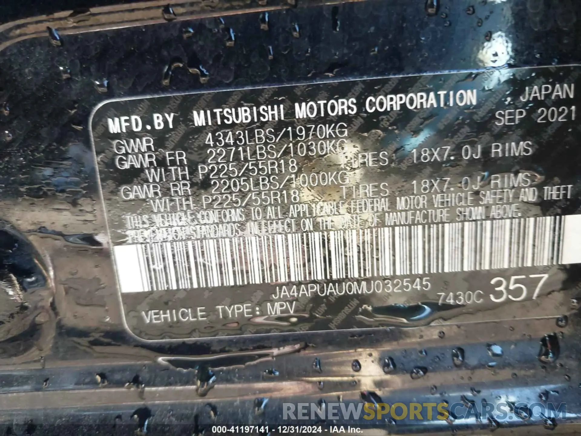 9 Photograph of a damaged car JA4APUAU0MU032545 MITSUBISHI OUTLANDER SPORT 2021