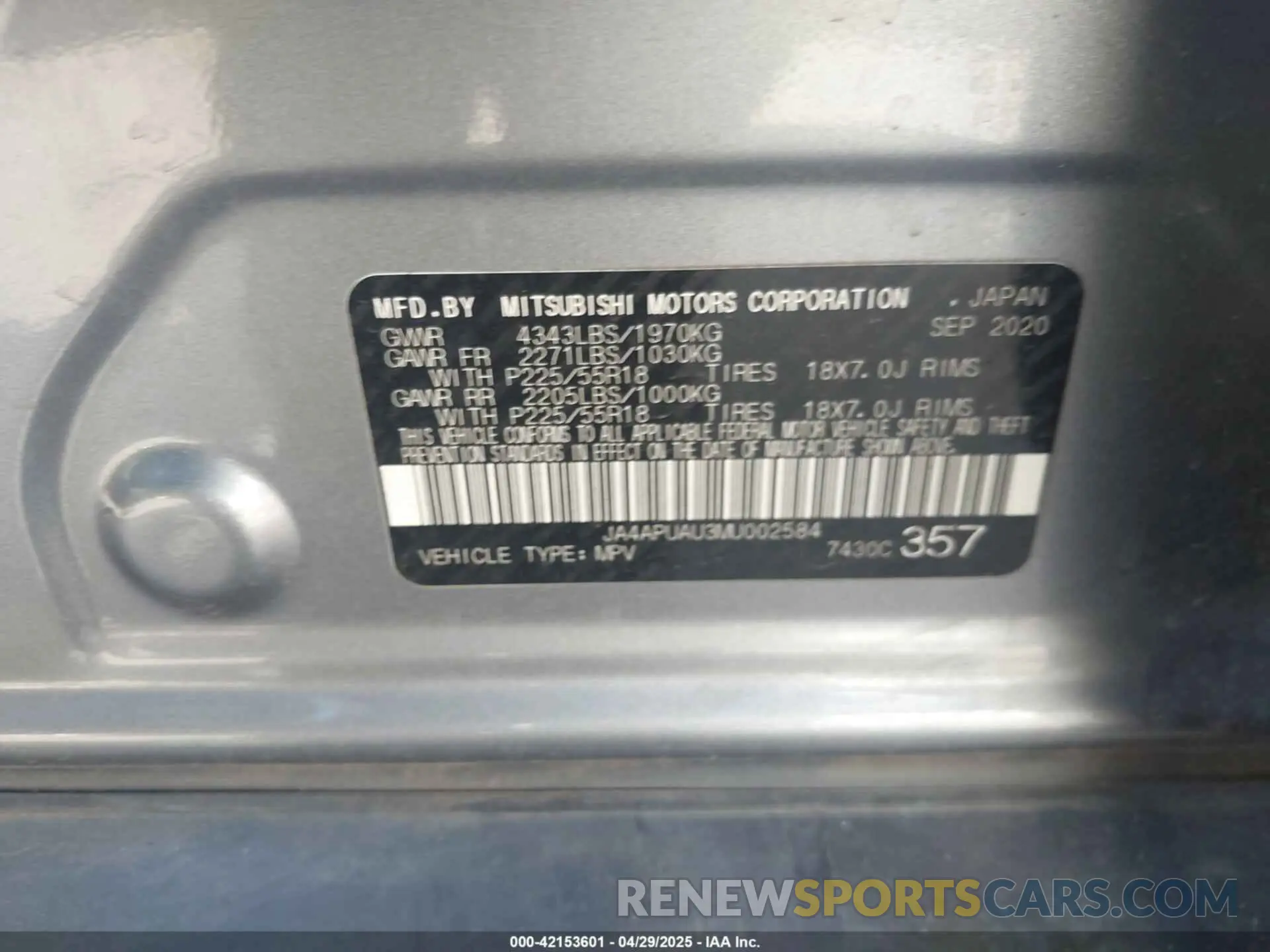 9 Фотография поврежденного автомобиля JA4APUAU3MU002584 MITSUBISHI OUTLANDER SPORT 2021