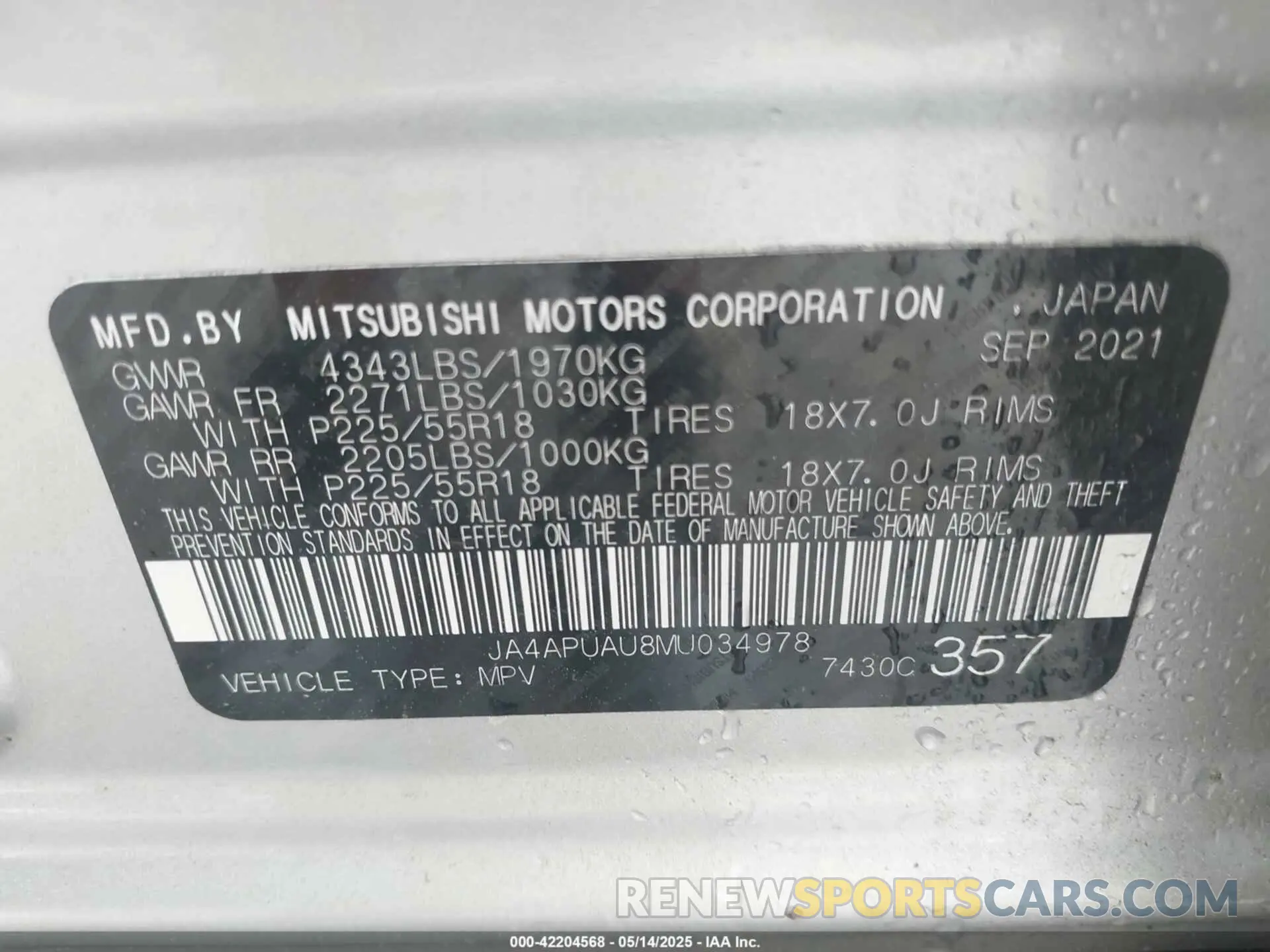 9 Фотография поврежденного автомобиля JA4APUAU8MU034978 MITSUBISHI OUTLANDER SPORT 2021