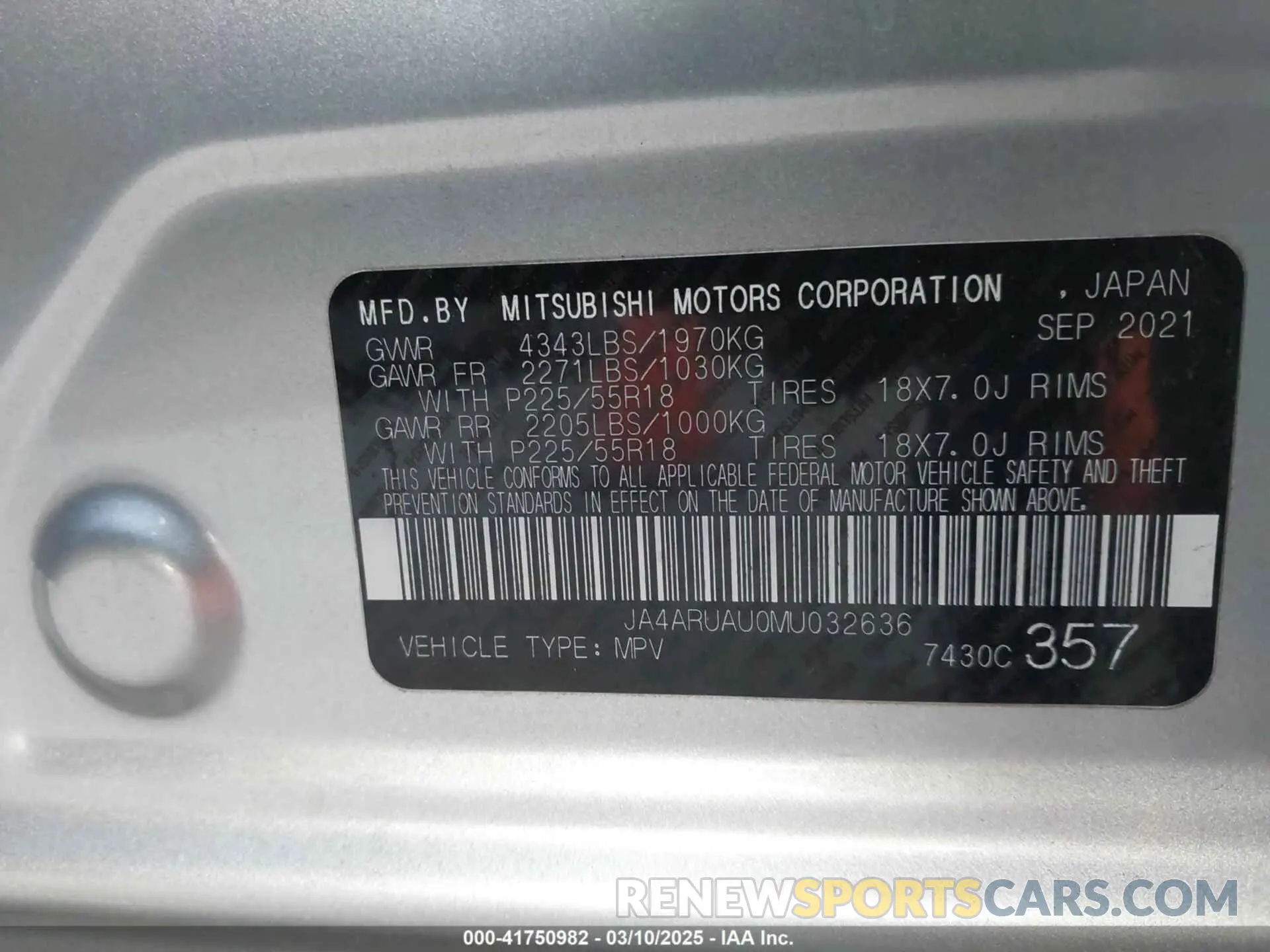 9 Photograph of a damaged car JA4ARUAU0MU032636 MITSUBISHI OUTLANDER SPORT 2021
