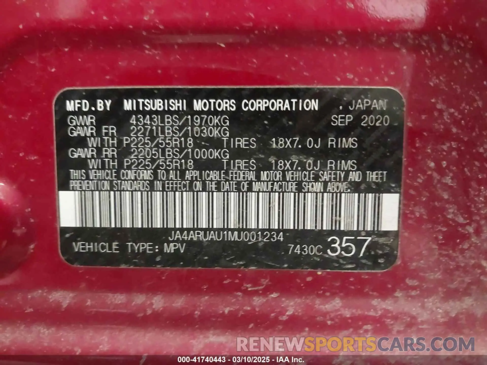 9 Фотография поврежденного автомобиля JA4ARUAU1MU001234 MITSUBISHI OUTLANDER SPORT 2021