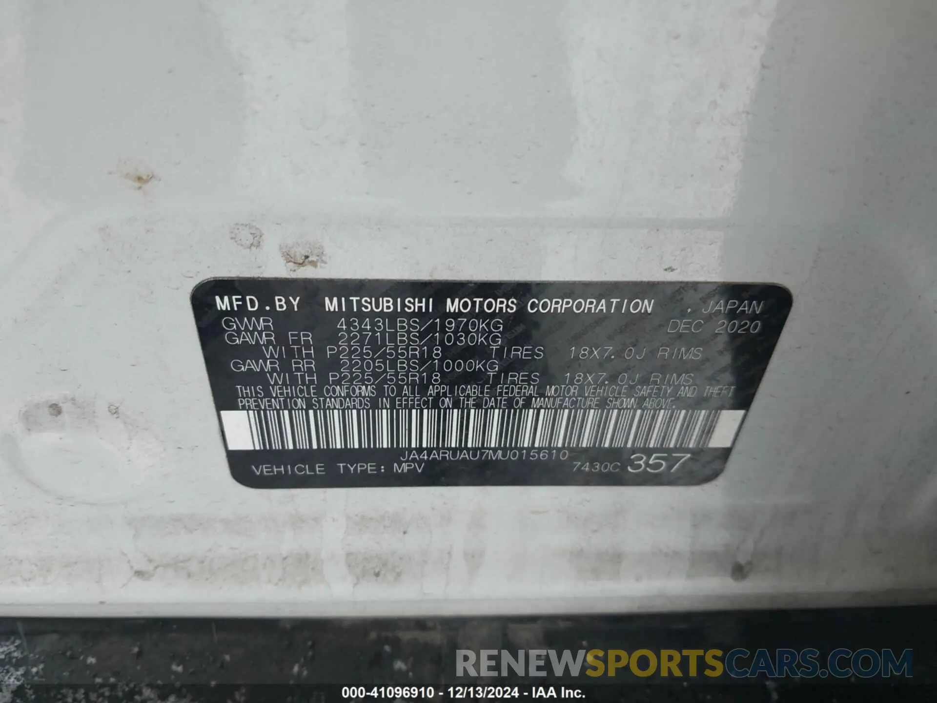 9 Photograph of a damaged car JA4ARUAU7MU015610 MITSUBISHI OUTLANDER SPORT 2021