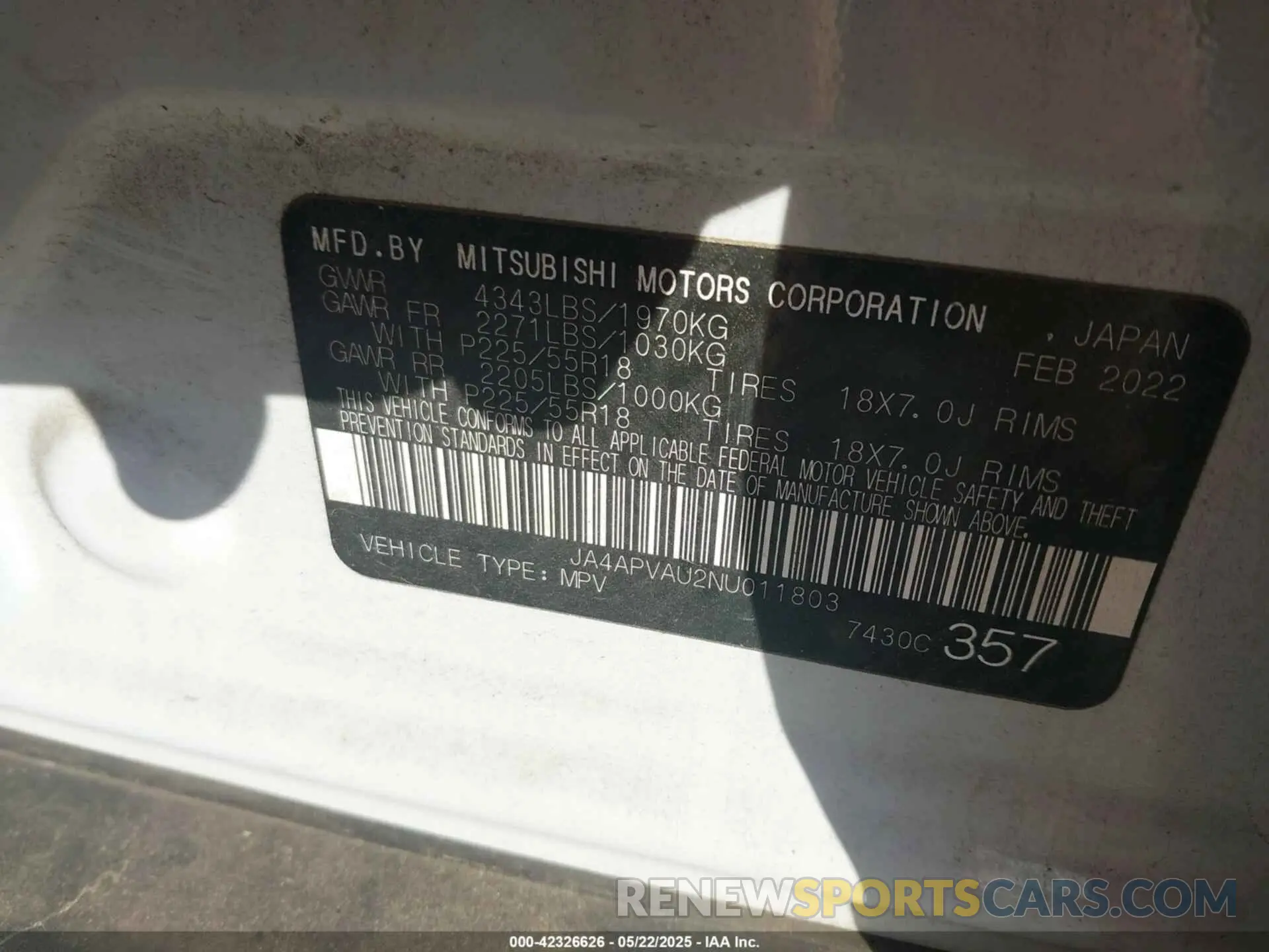 9 Photograph of a damaged car JA4APVAU2NU011803 MITSUBISHI OUTLANDER SPORT 2022