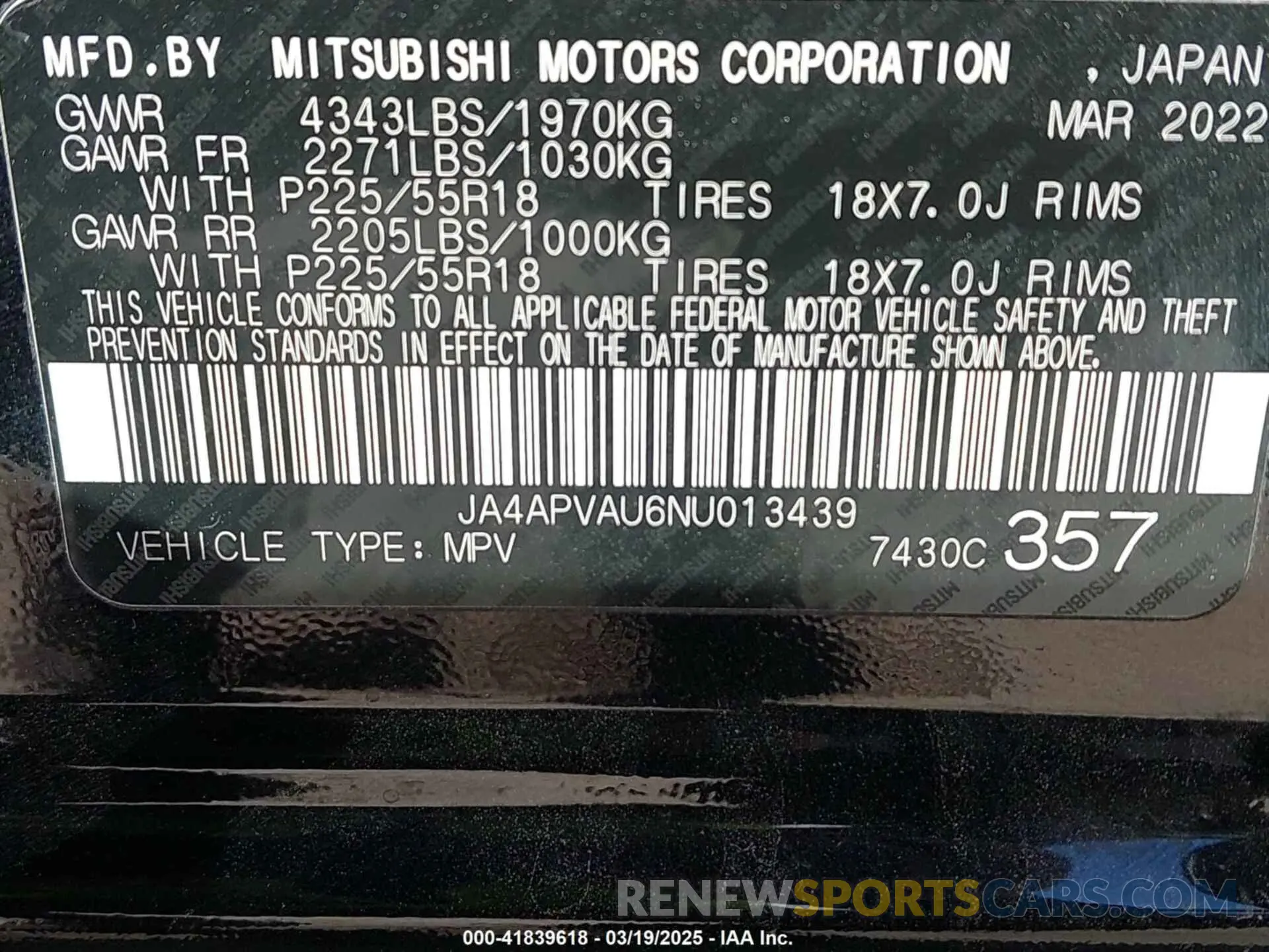 9 Photograph of a damaged car JA4APVAU6NU013439 MITSUBISHI OUTLANDER SPORT 2022