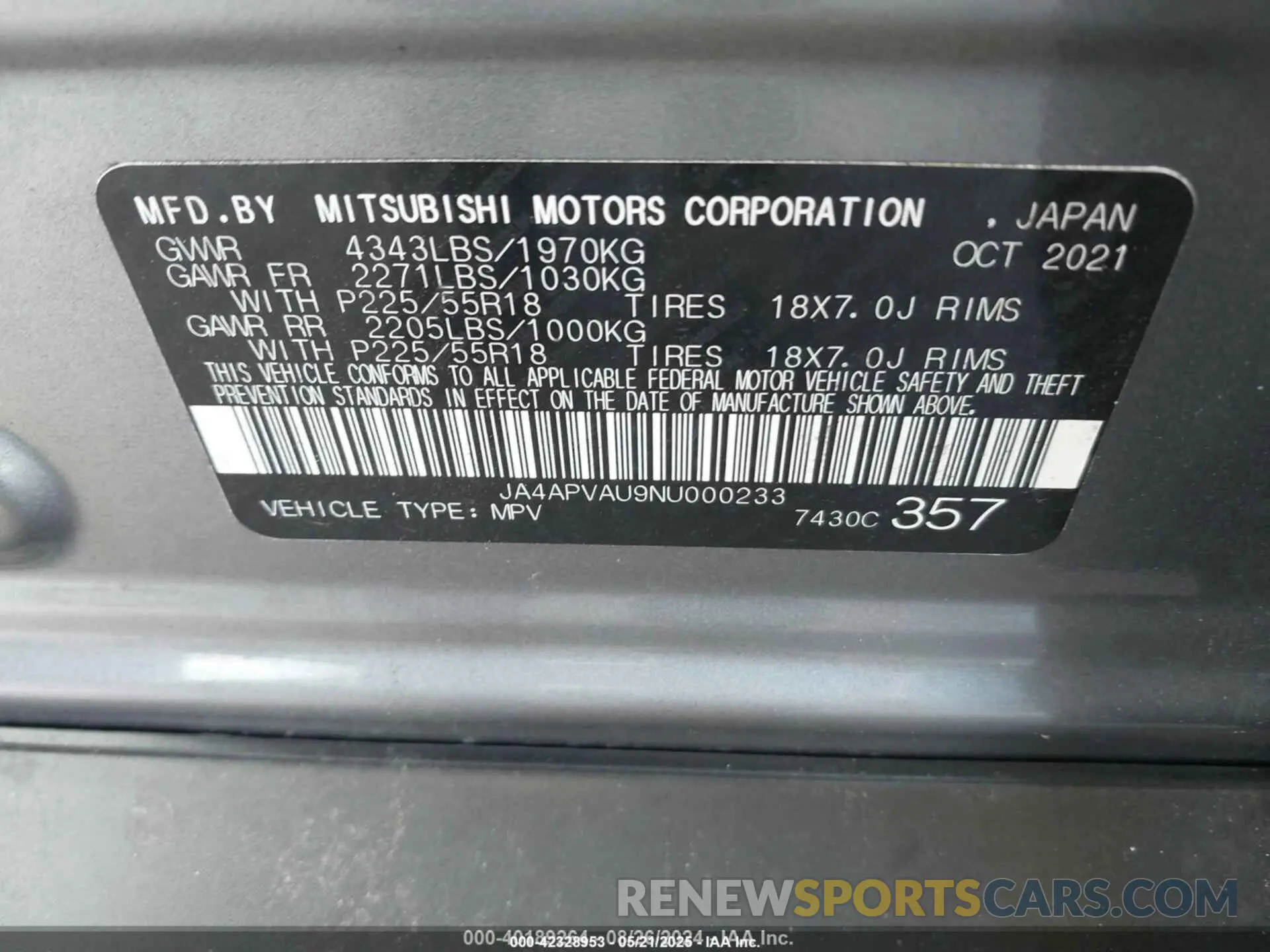 9 Photograph of a damaged car JA4APVAU9NU000233 MITSUBISHI OUTLANDER SPORT 2022
