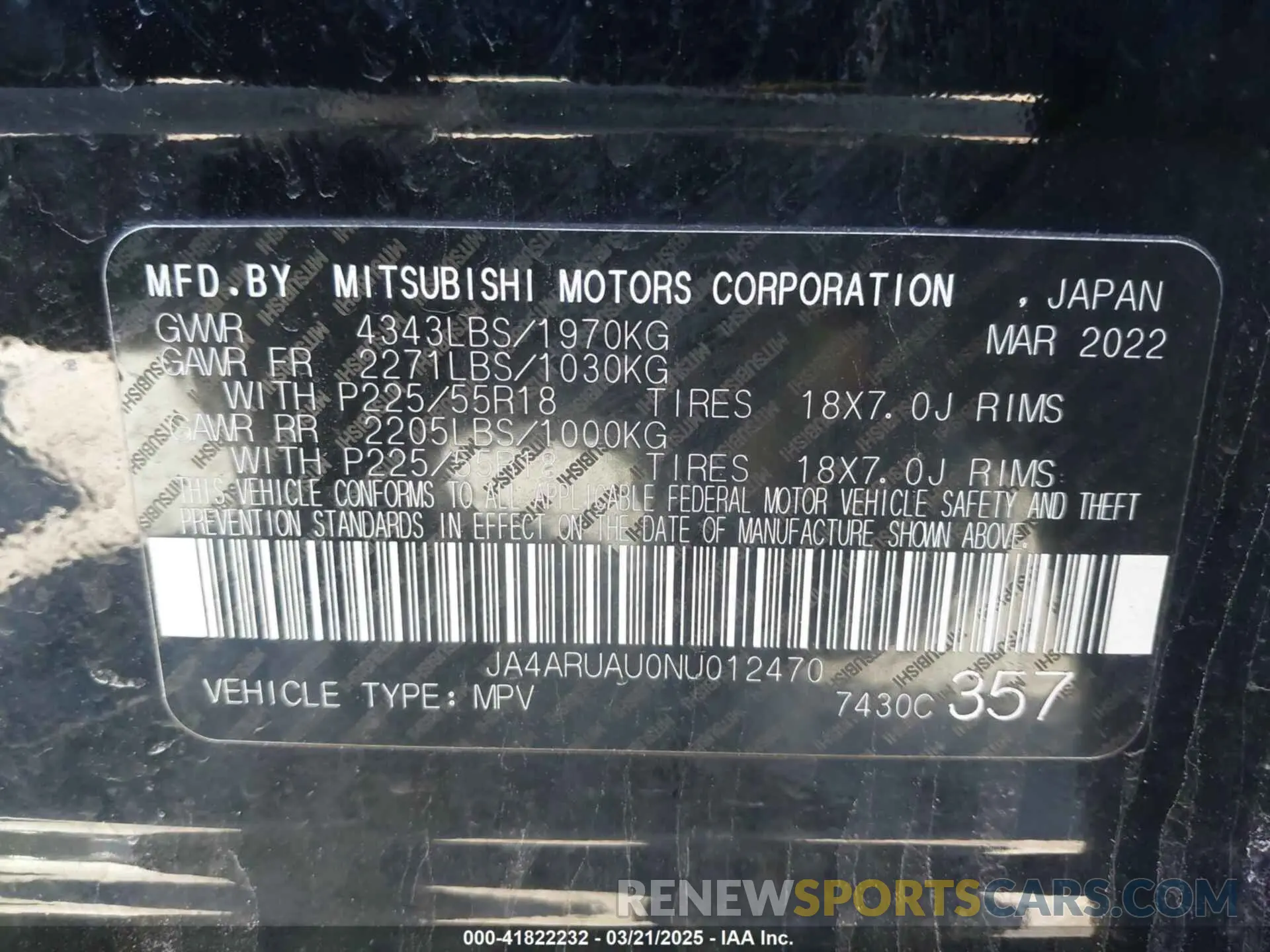 9 Photograph of a damaged car JA4ARUAU0NU012470 MITSUBISHI OUTLANDER SPORT 2022
