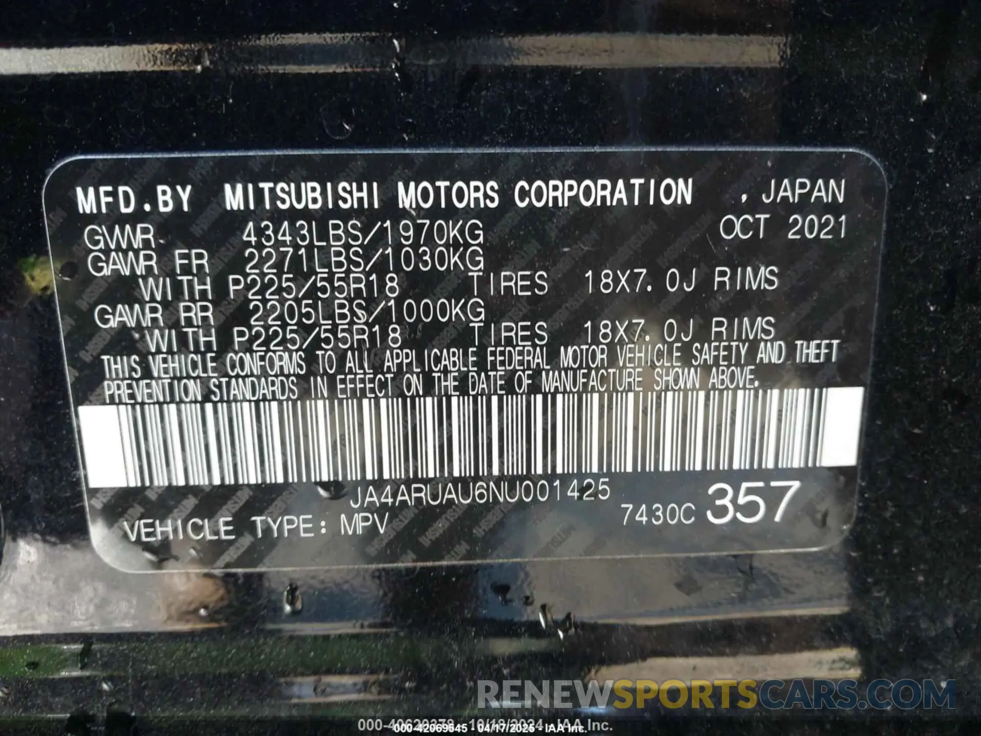 9 Photograph of a damaged car JA4ARUAU6NU001425 MITSUBISHI OUTLANDER SPORT 2022